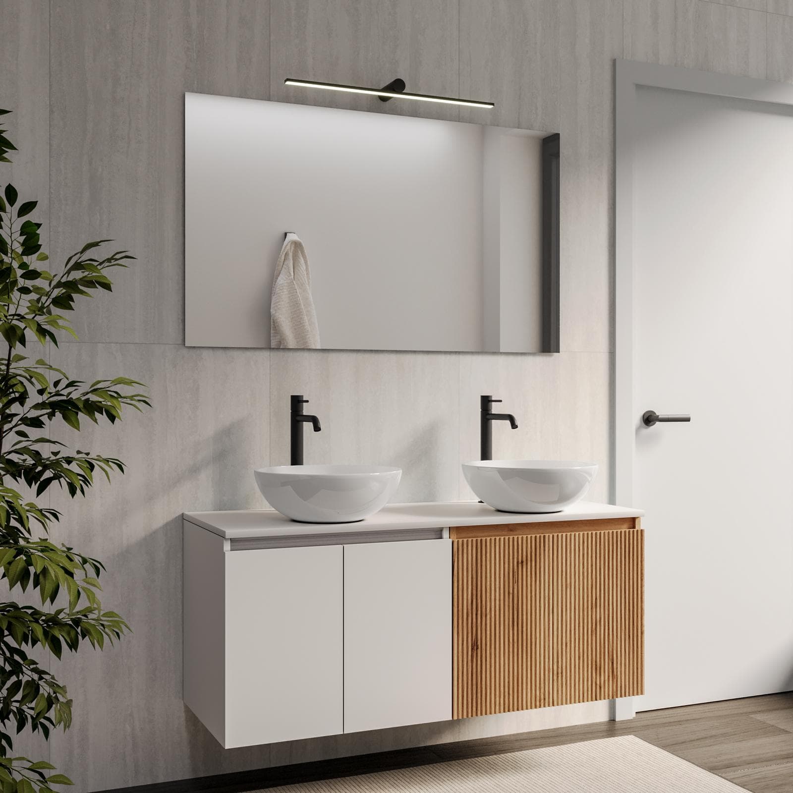 Mobile bagno sospeso 120 cm rovere gold con top bianco opaco e specchio - Neko