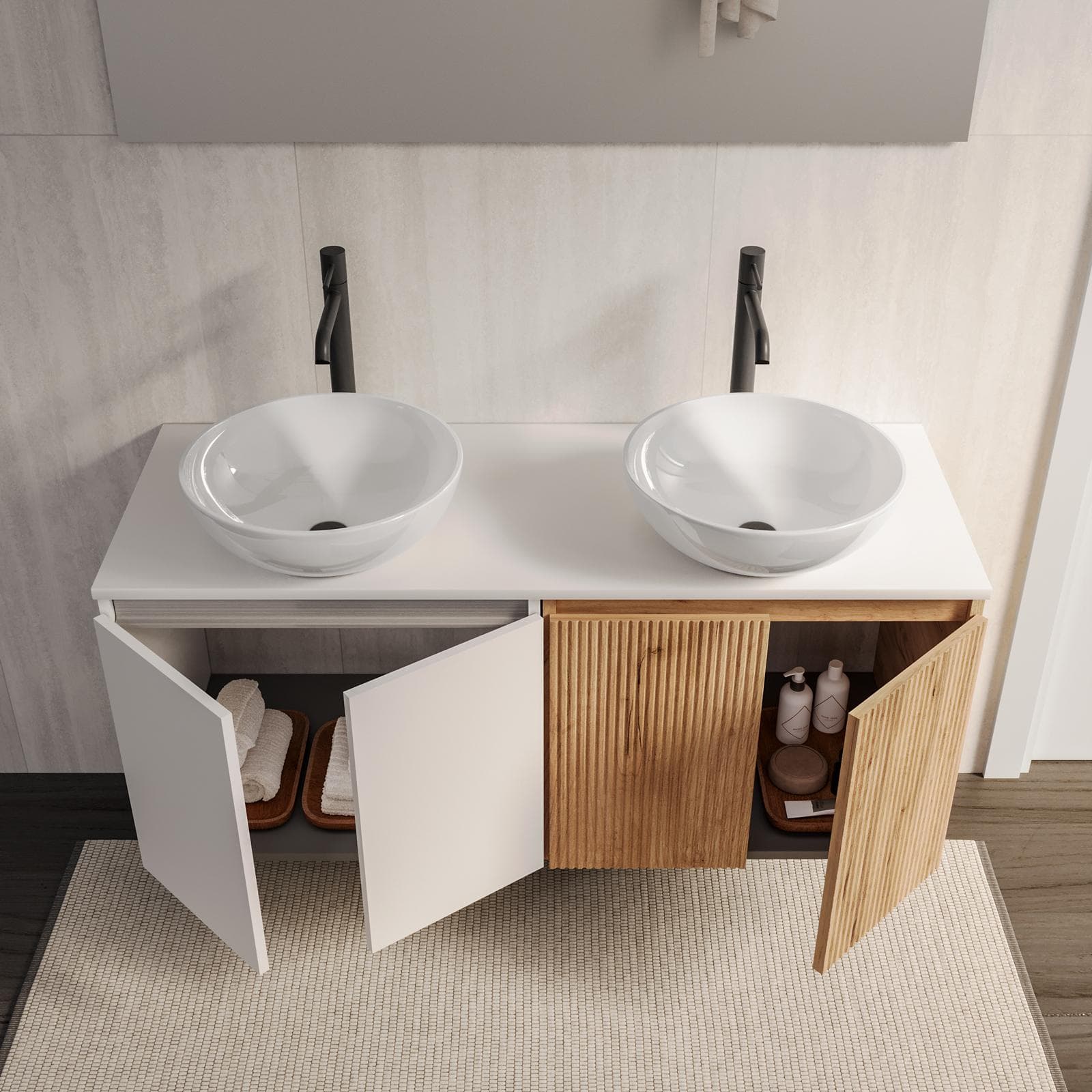 Mobile bagno sospeso 120 cm rovere gold con top bianco opaco e specchio - Neko