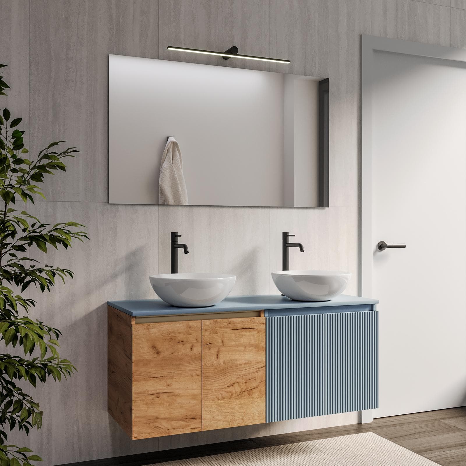 Mobile bagno sospeso 120 cm rovere gold con top carta da zucchero e specchio - Neko
