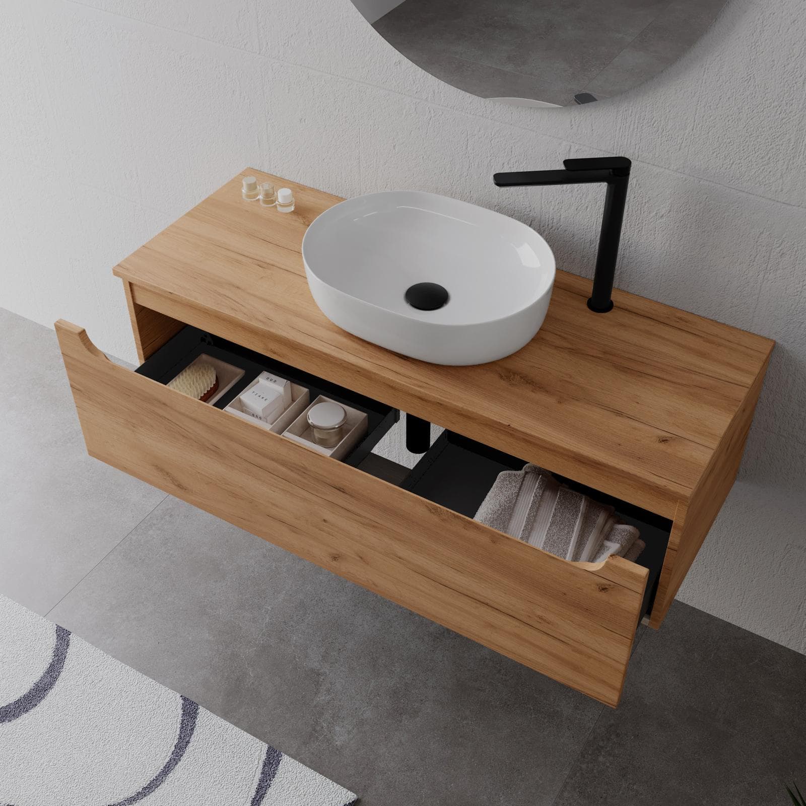 Mobile bagno sospeso 120 cm rovere gold con top e specchio - Sleek