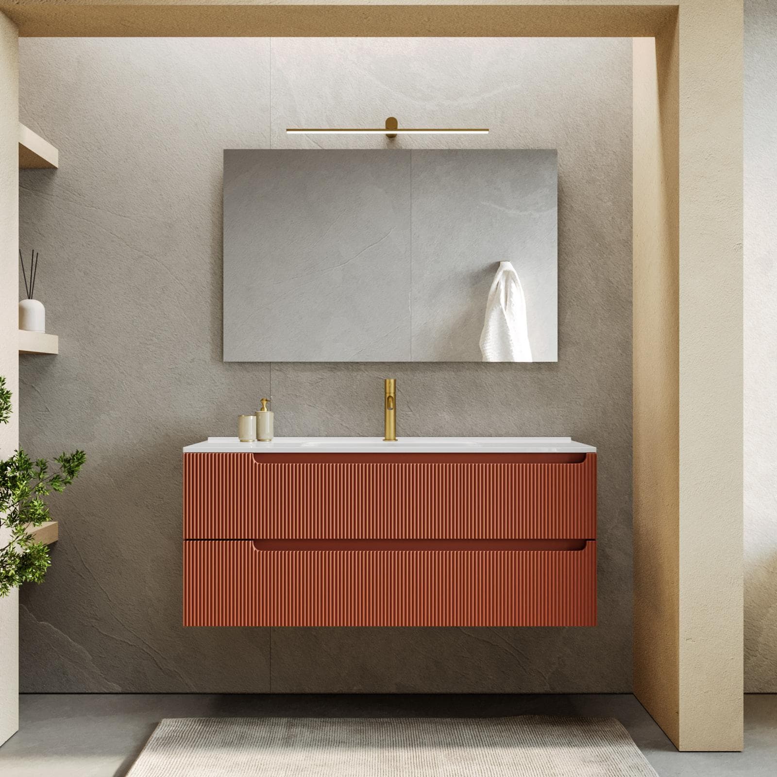Mobile bagno sospeso 120 cm terracotta cannettato con lavabo e specchio - Konai plus