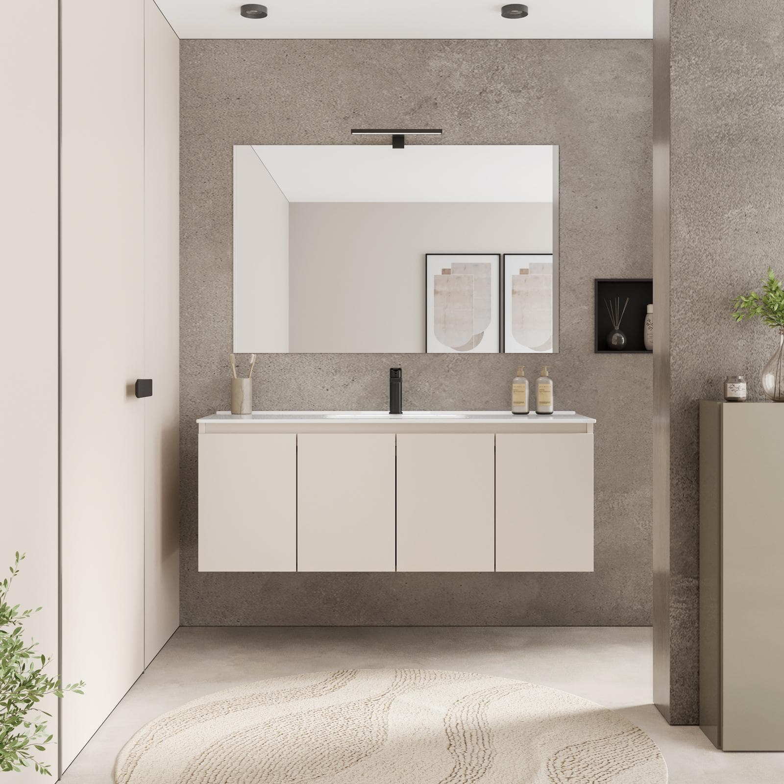 Mobile bagno sospeso 120 x 39 cm con ante cashmere e lavabo con specchio - Adonys