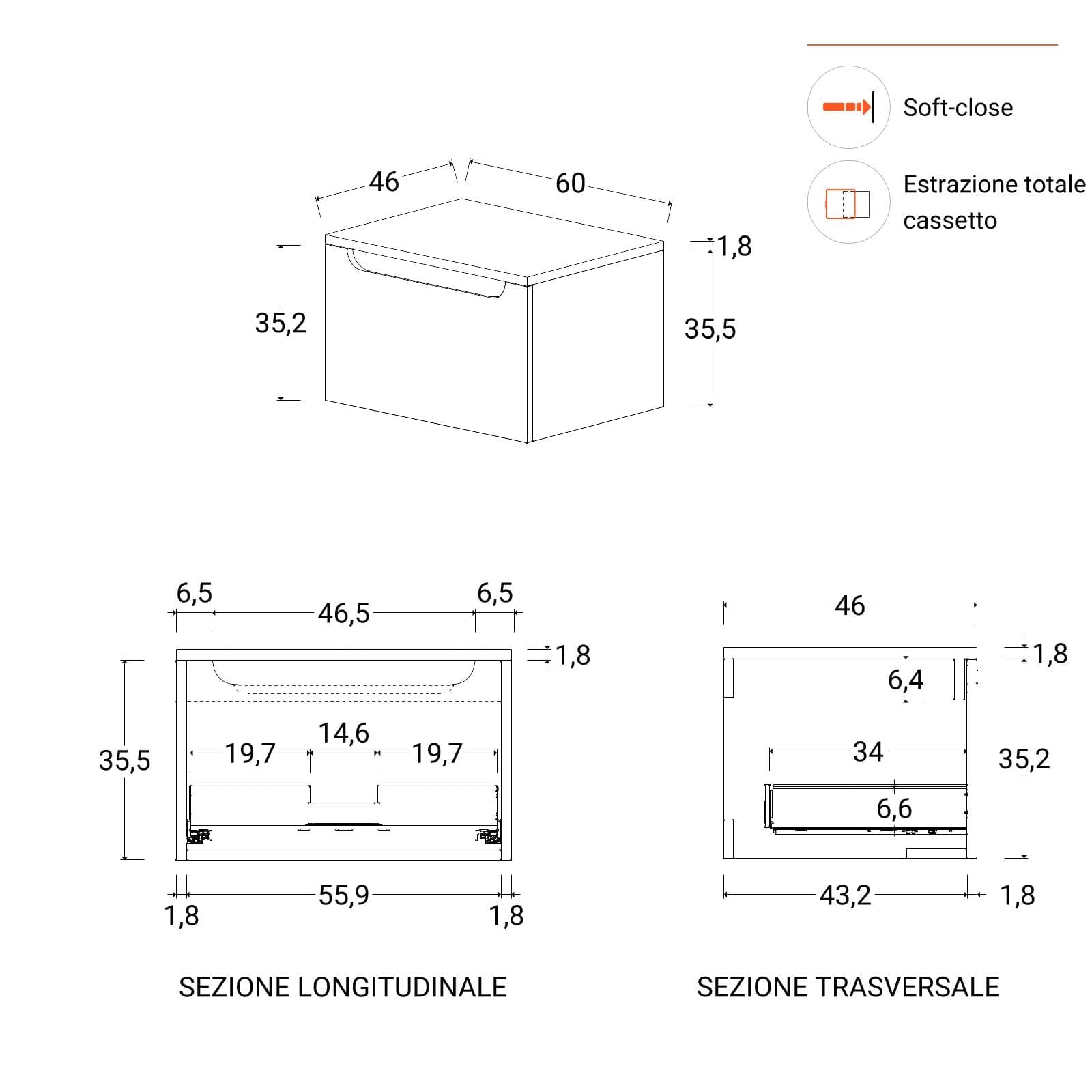 Mobile bagno sospeso 60 cm bianco opaco con top e specchio - Sleek