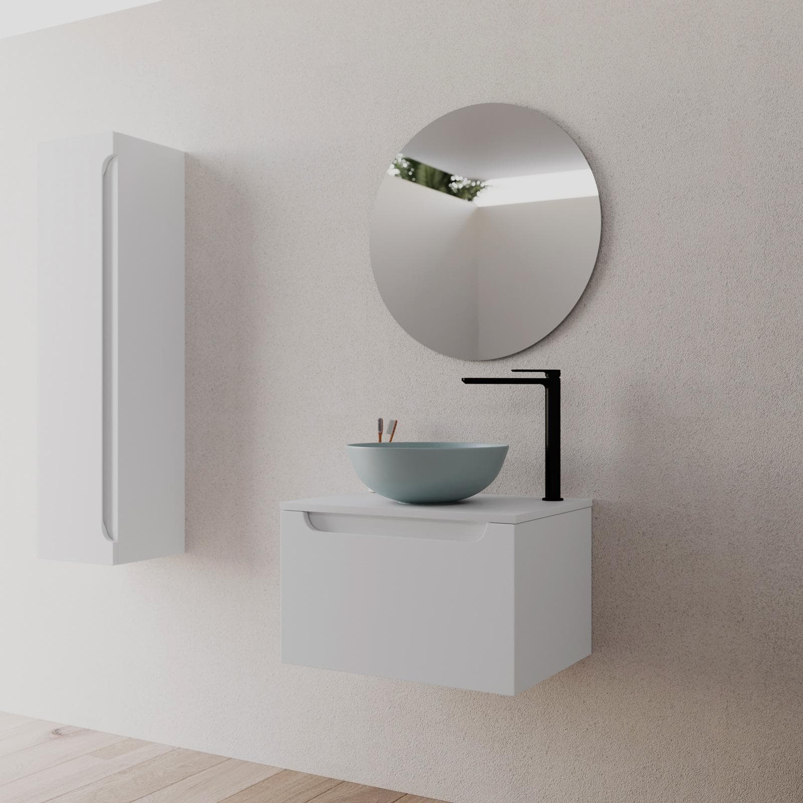 Mobile bagno sospeso 60 cm bianco opaco con top e specchio - Sleek