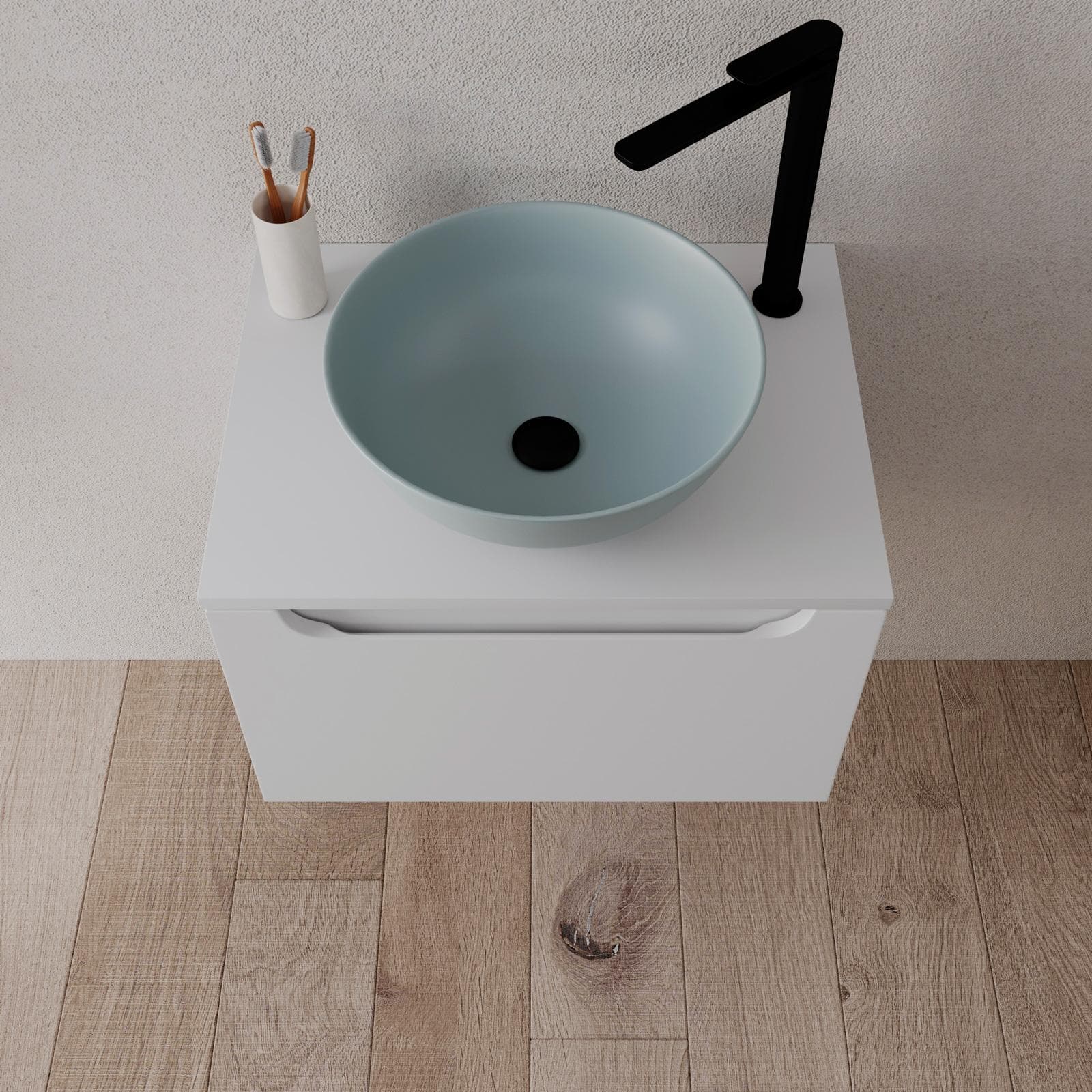 Mobile bagno sospeso 60 cm bianco opaco con top e specchio - Sleek