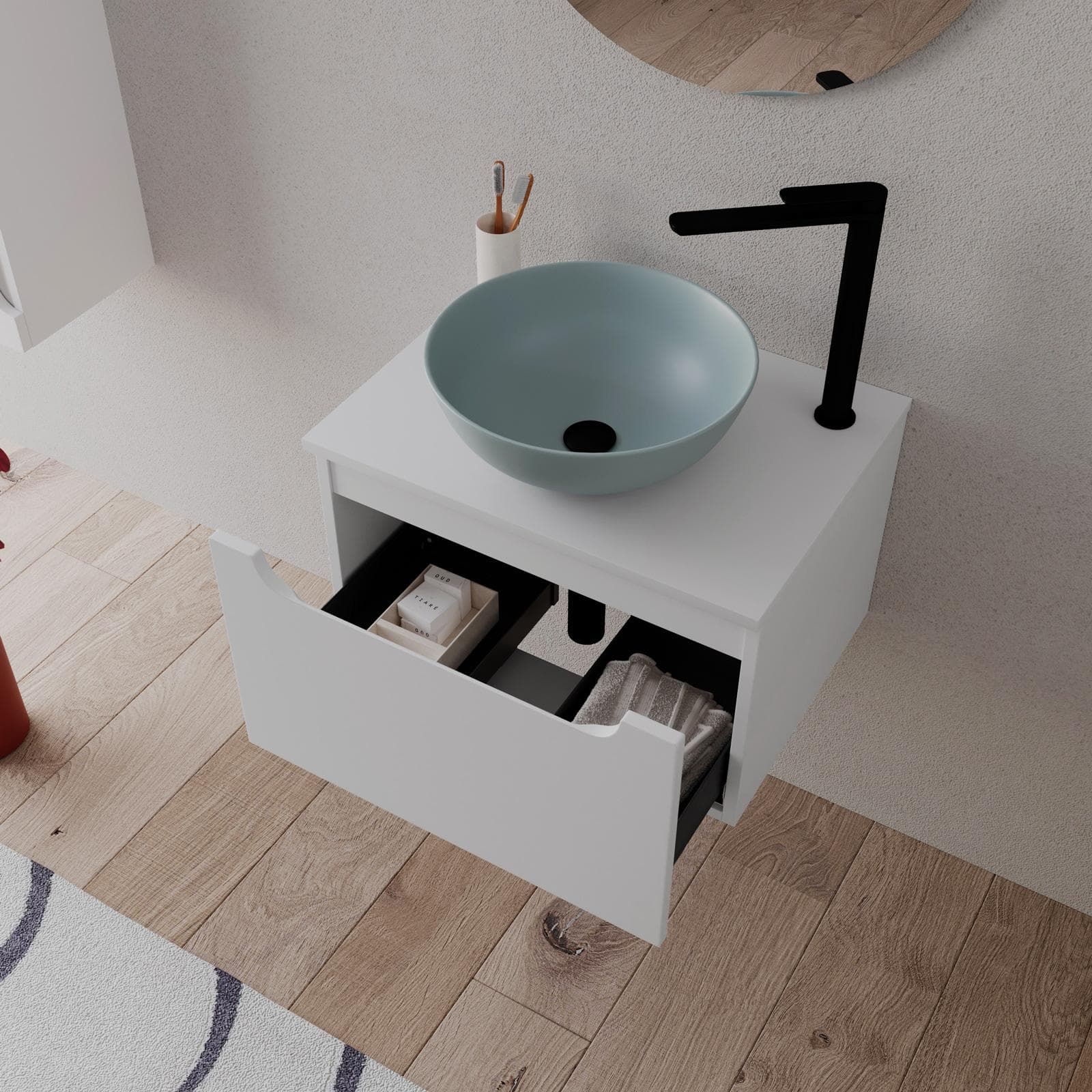 Mobile bagno sospeso 60 cm bianco opaco con top e specchio - Sleek