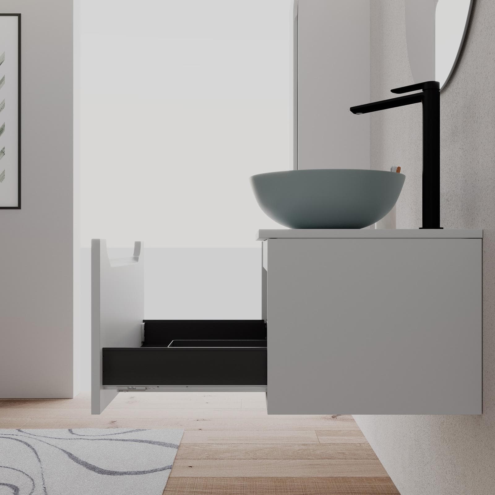 Mobile bagno sospeso 60 cm bianco opaco con top e specchio - Sleek