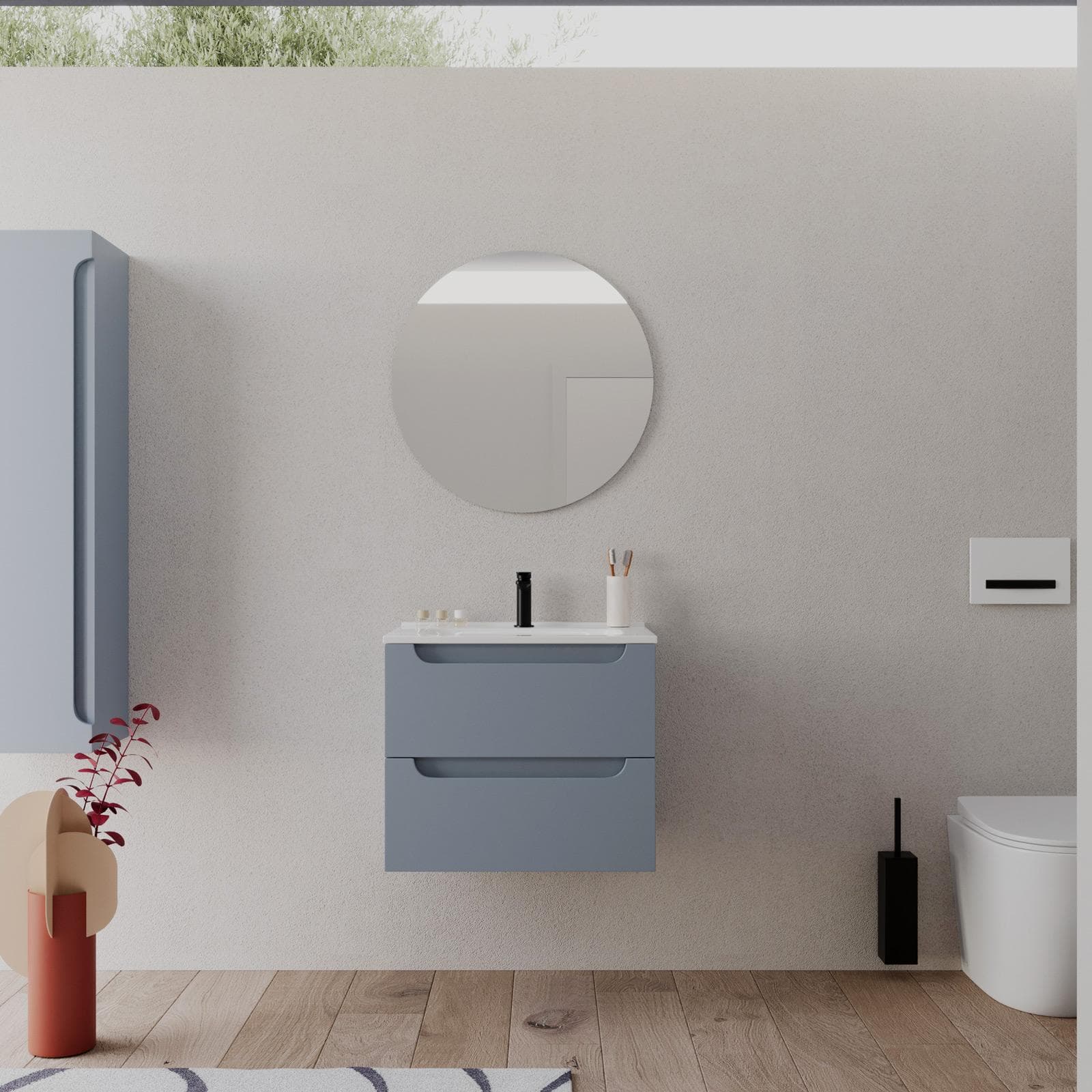 Mobile bagno sospeso 60 cm carta da zucchero con lavabo integrato e specchio - Sleek Plus