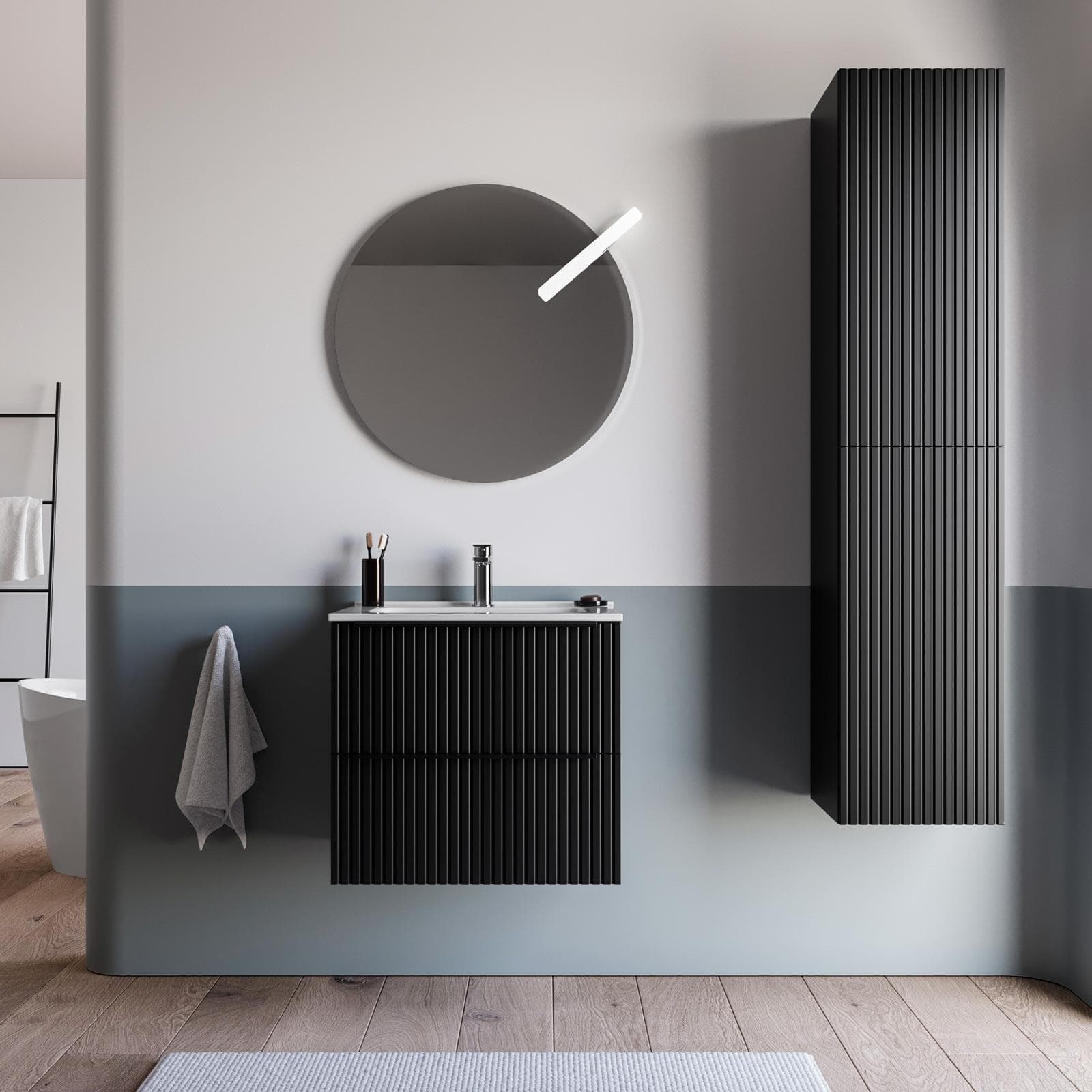 Mobile bagno sospeso 60 cm due cassetti nero opaco effetto cannettato con lavabo in ceramica e specchio - Lameck