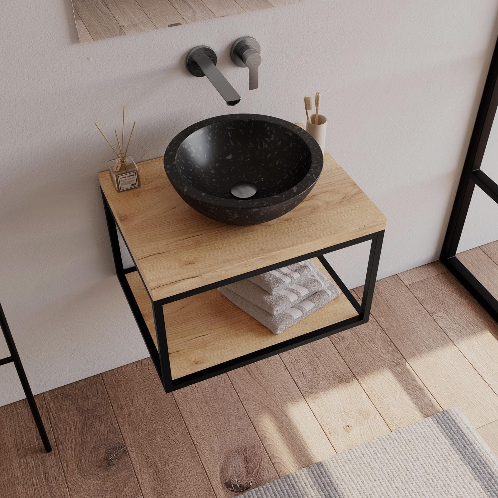 Mobile bagno sospeso 60 cm portalavabo nero e rovere con top 3,8 cm e specchio - Axis