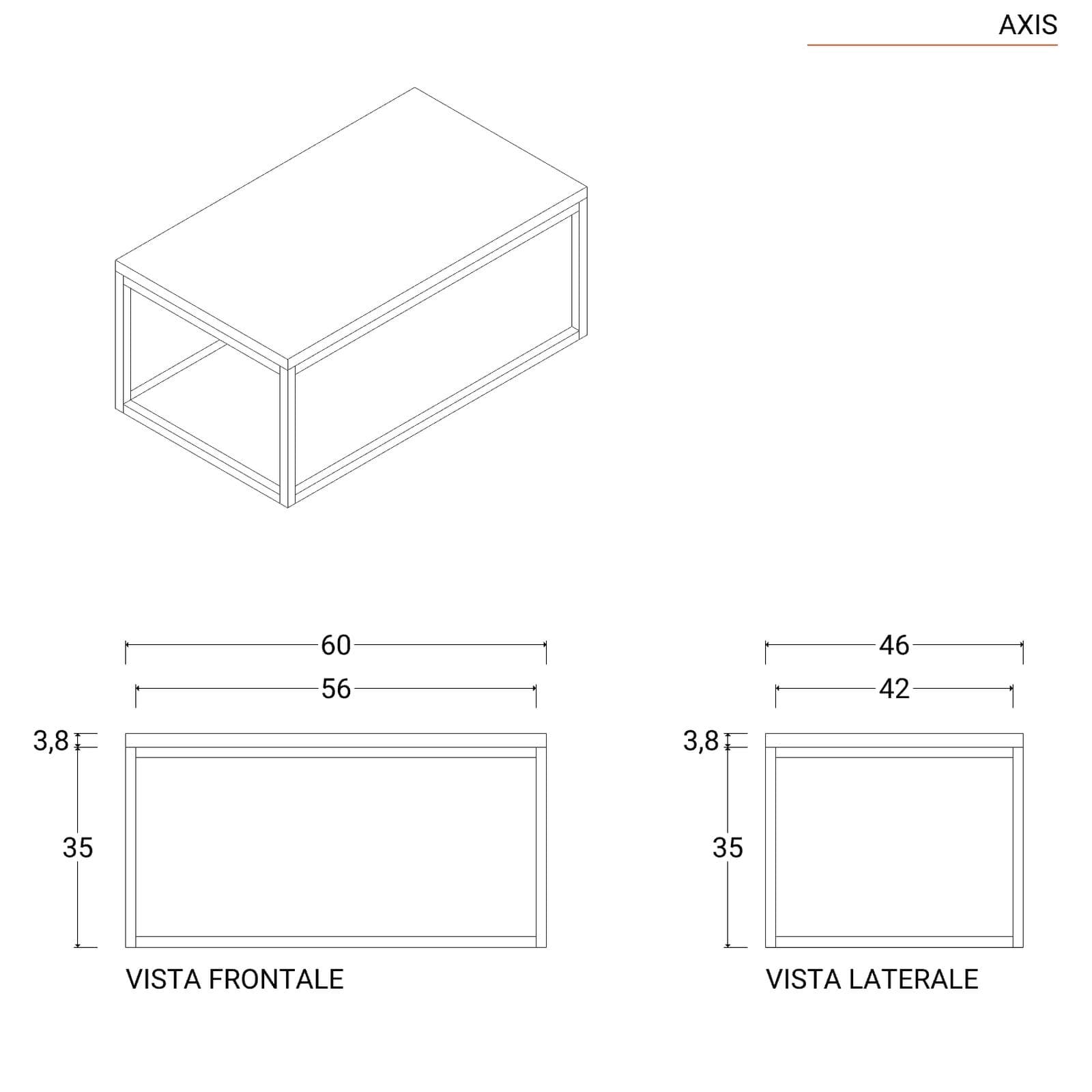 Mobile bagno sospeso 60 cm portalavabo nero e rovere con top 3,8 cm e specchio - Axis