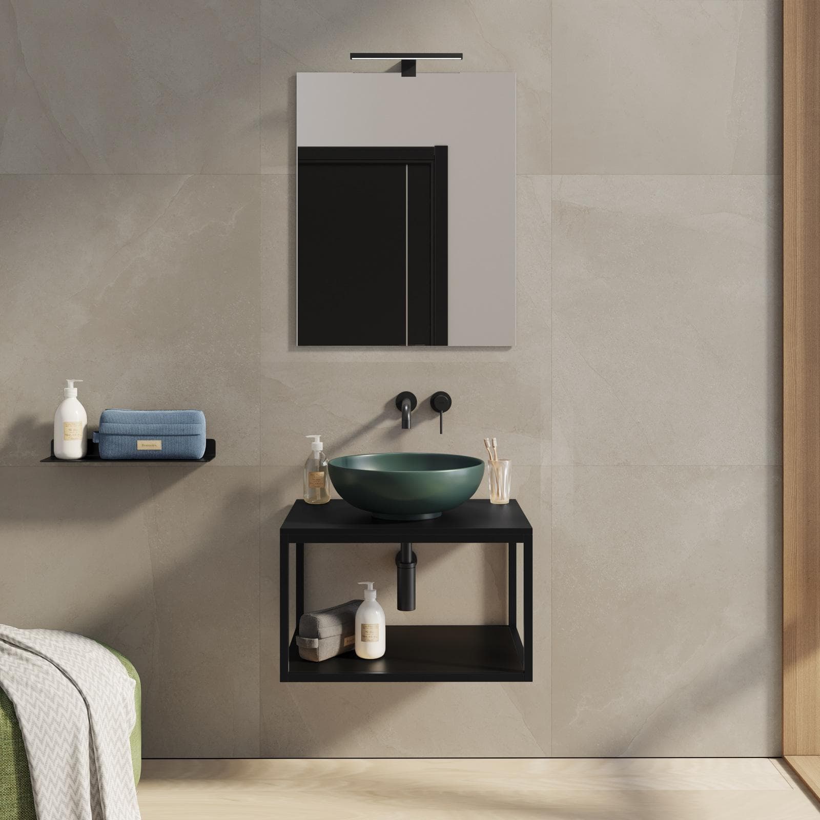 Mobile bagno sospeso 60 cm portalavabo nero opaco con specchio - Axis
