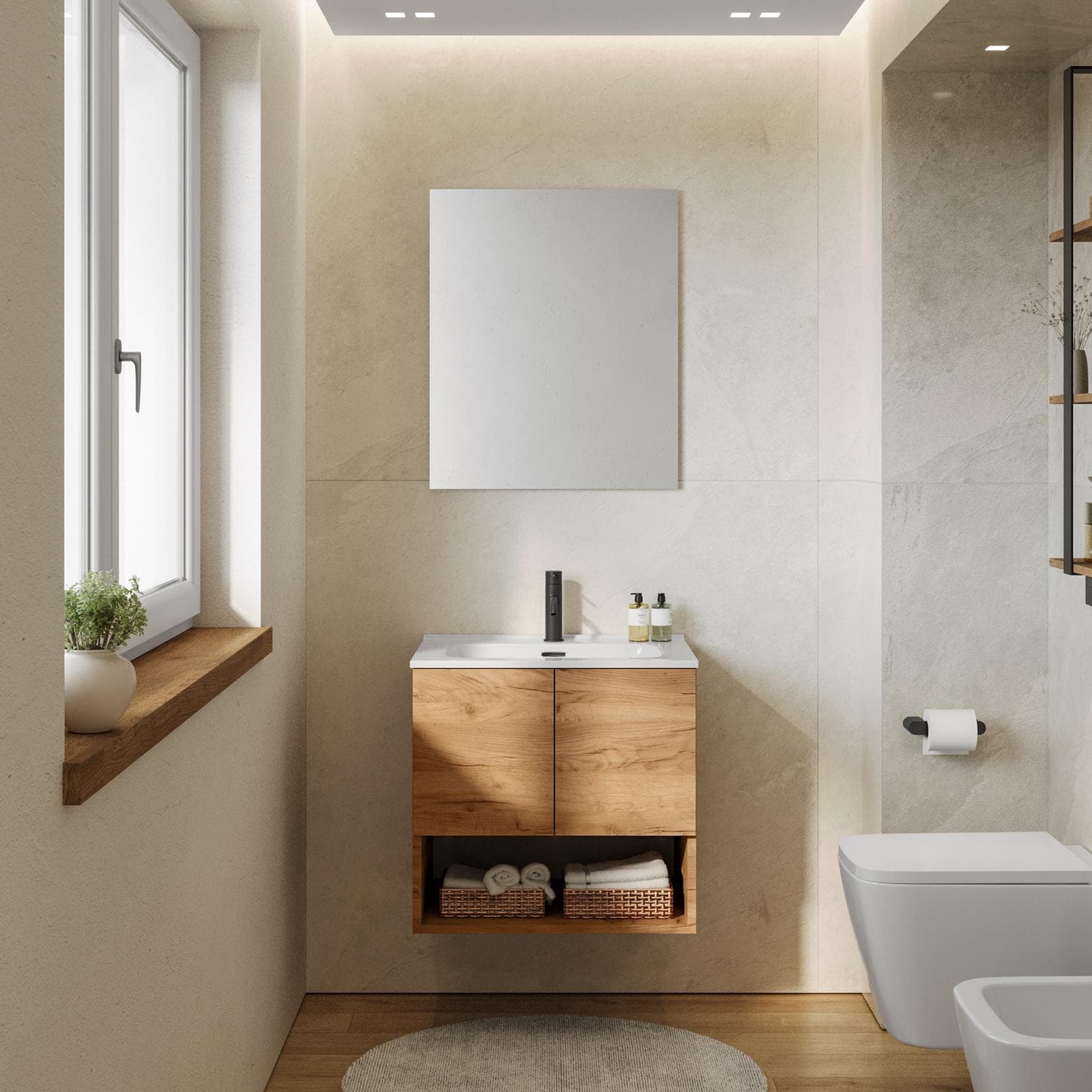 Mobile bagno sospeso 60 cm rovere gold con lavabo integrato e specchio - Lion