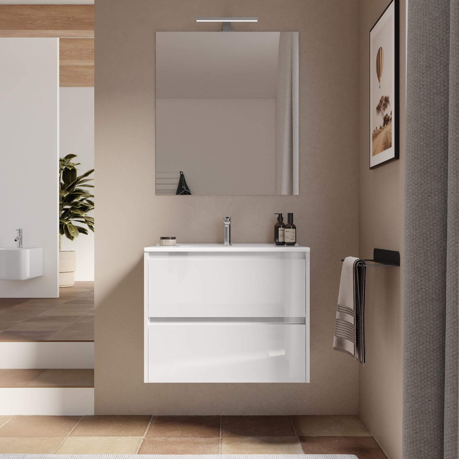 Mobile bagno sospeso 70 cm bianco lucido con cassetti e lavabo con specchio - Medora