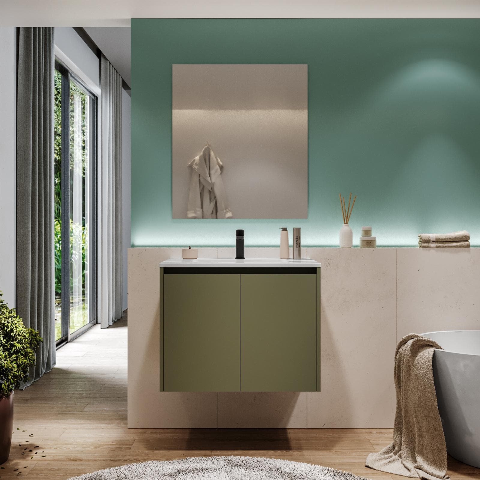 Mobile bagno sospeso 70 cm green satinato con ante e lavabo con specchio - Medora