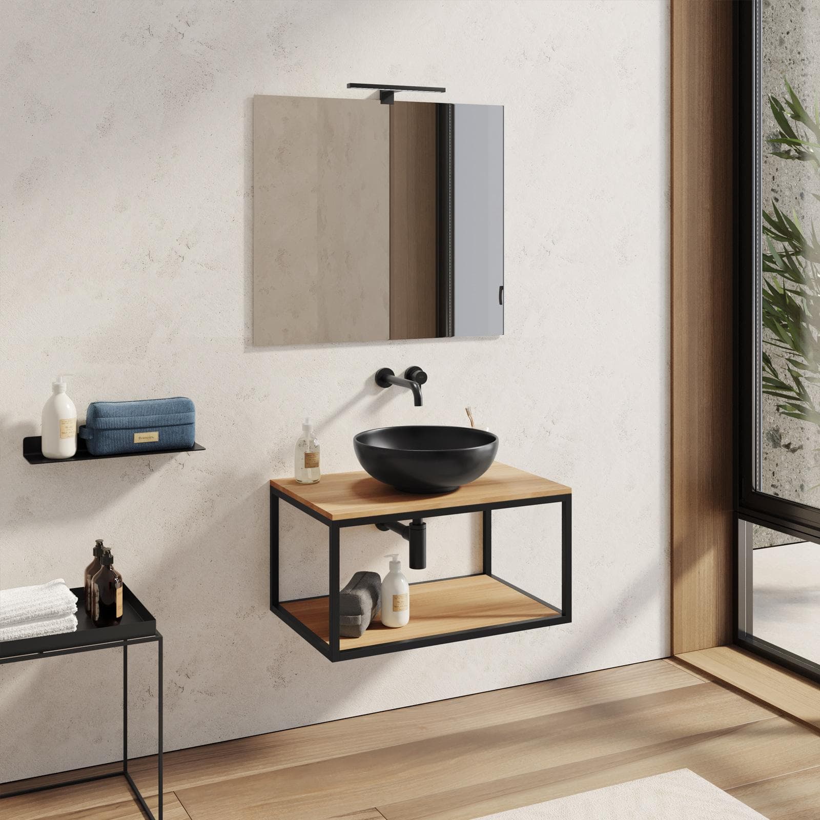 Mobile bagno sospeso 70 cm portalavabo nero e rovere con specchio - Axis