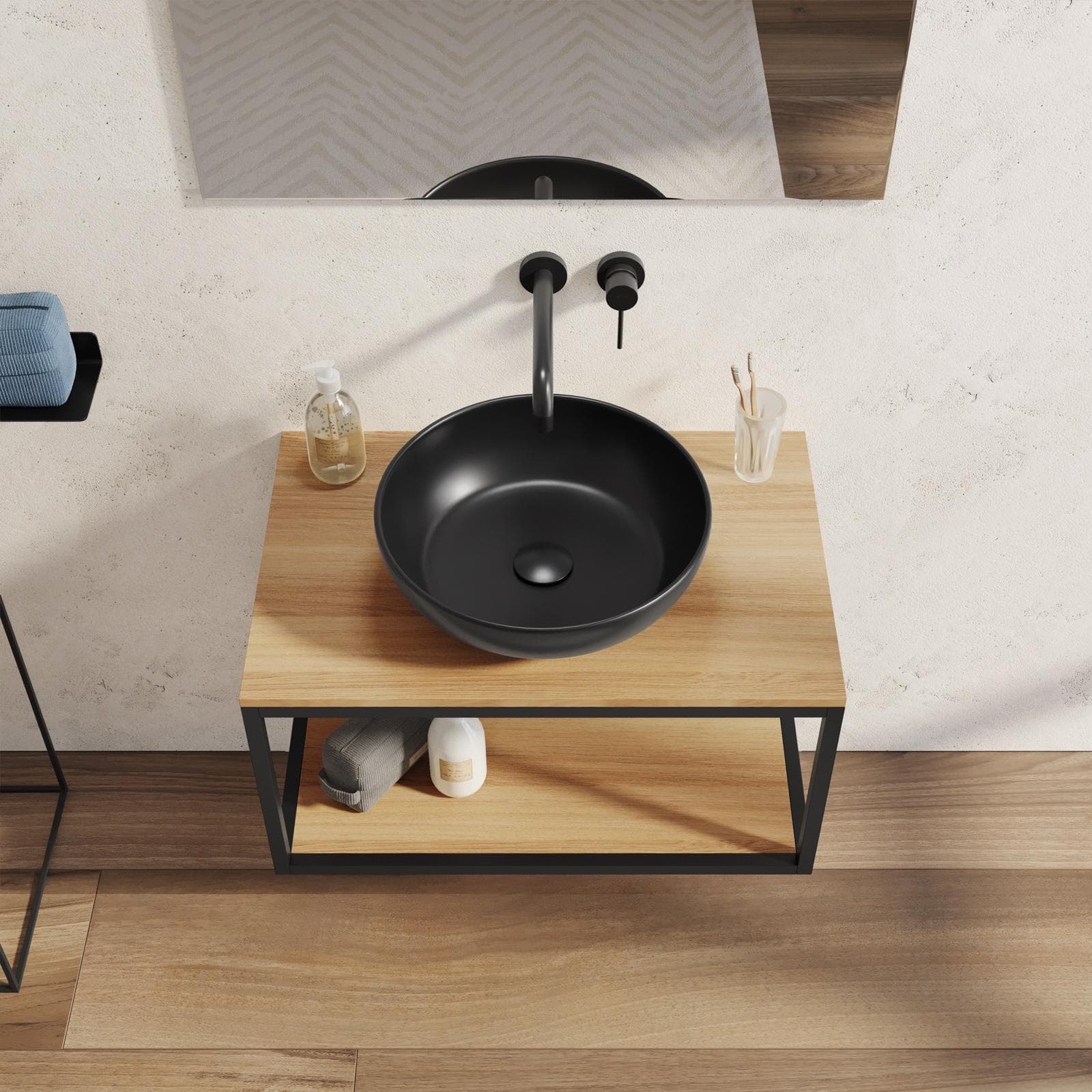 Mobile bagno sospeso 70 cm portalavabo nero e rovere con specchio - Axis