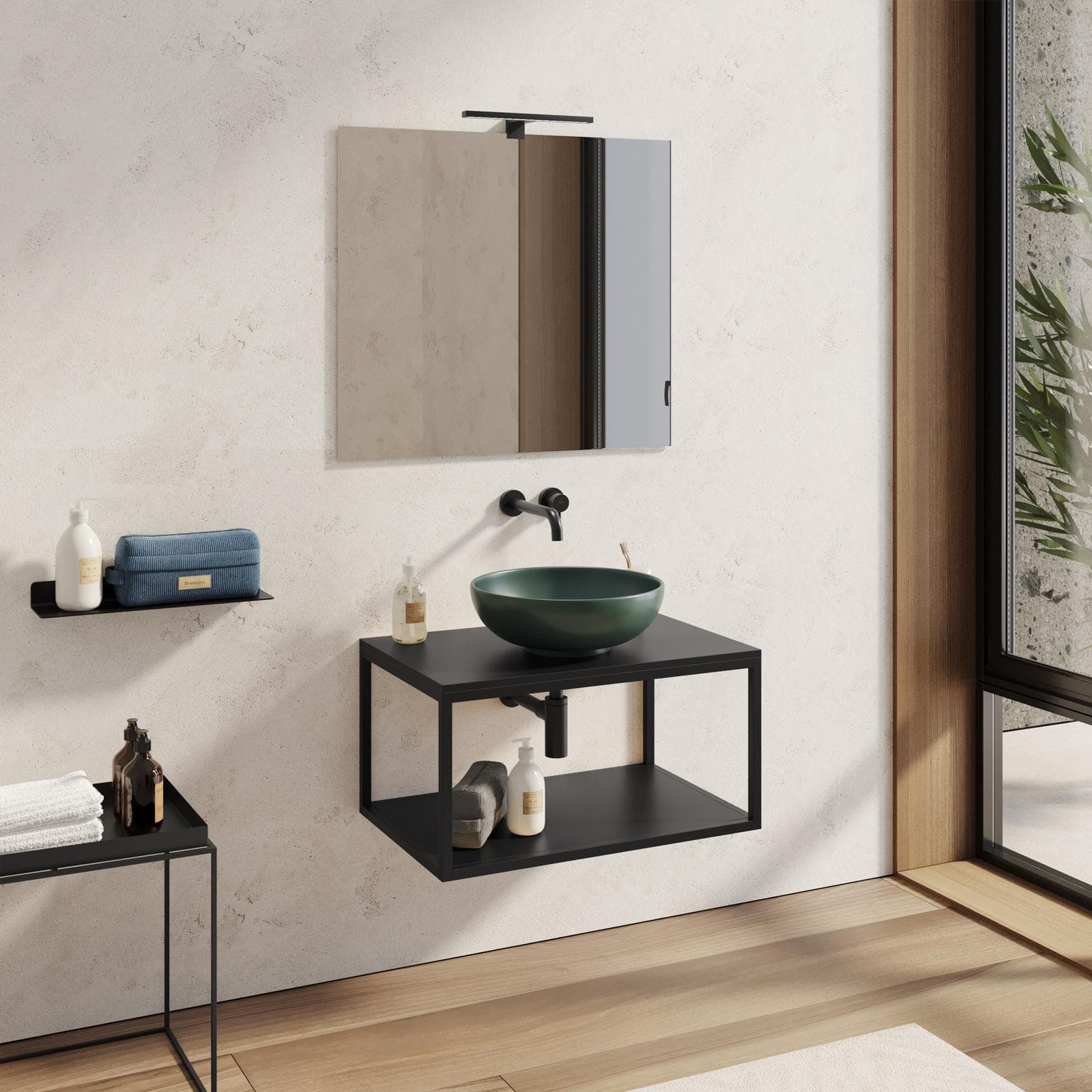 Mobile bagno sospeso 70 cm portalavabo nero opaco con specchio - Axis
