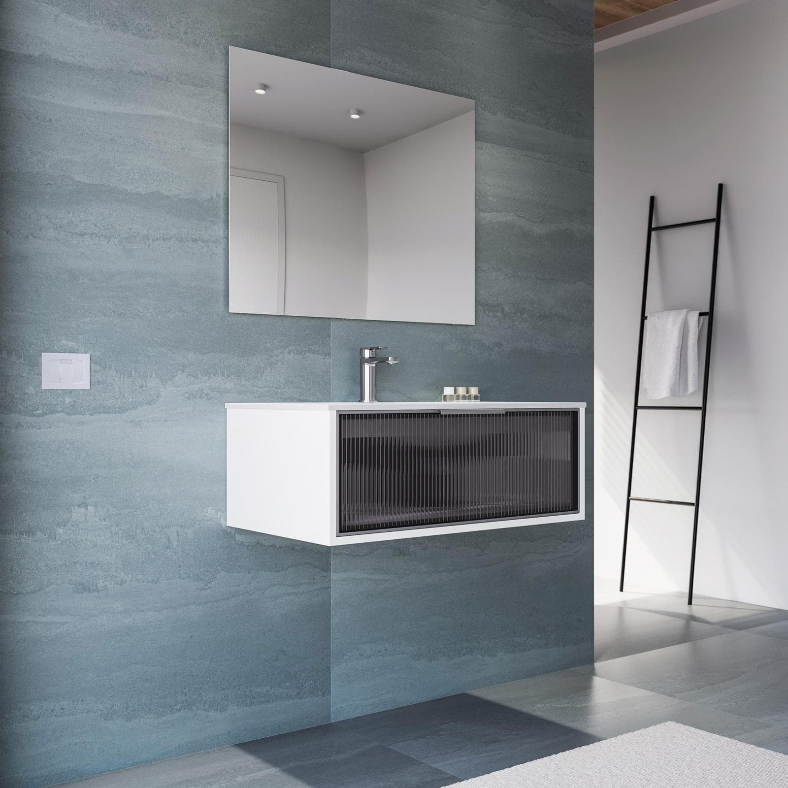 Mobile bagno sospeso 80 cm bianco con frontale in vetro lavabo integrato e specchio - Laila