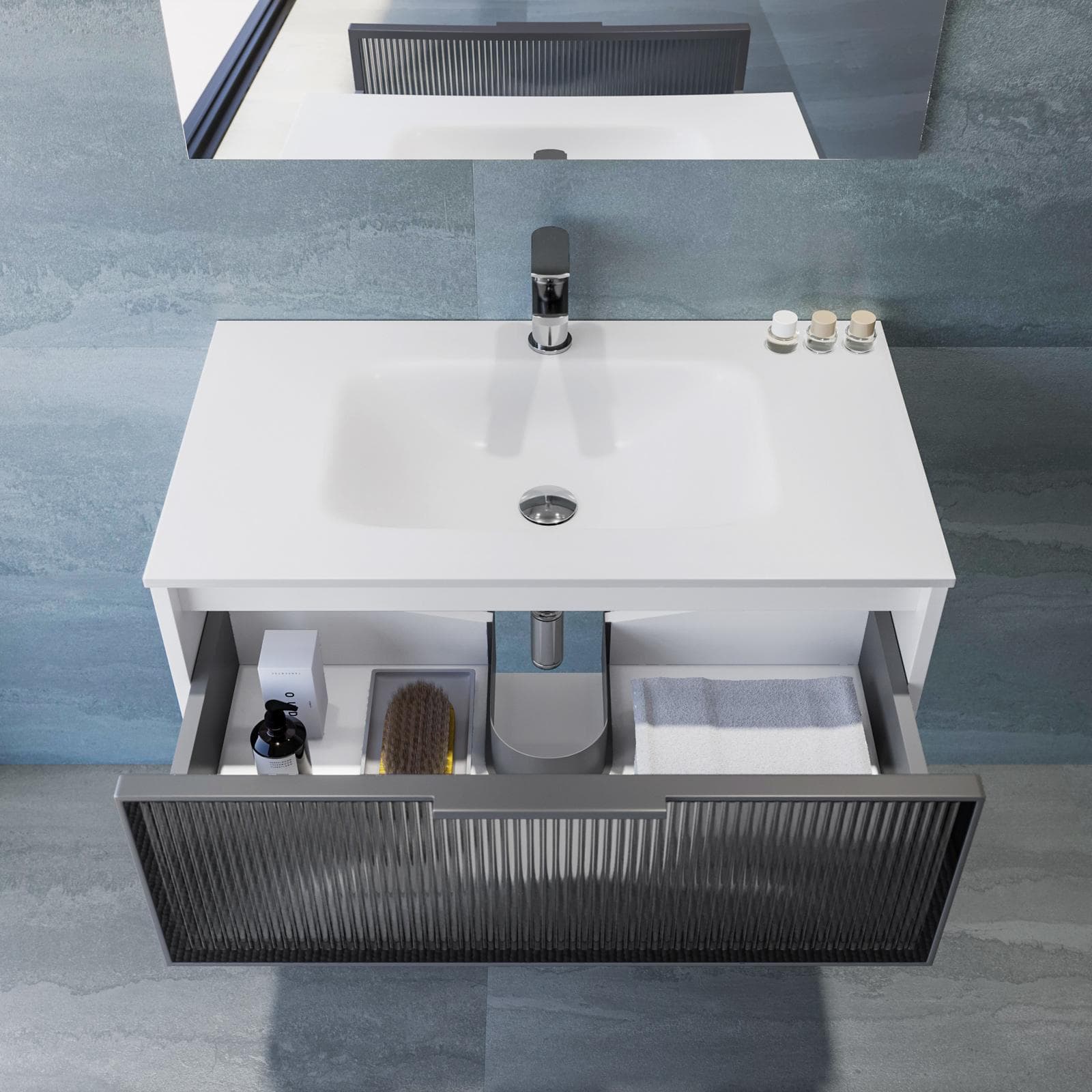 Mobile bagno sospeso 80 cm bianco con frontale in vetro lavabo integrato e specchio - Laila