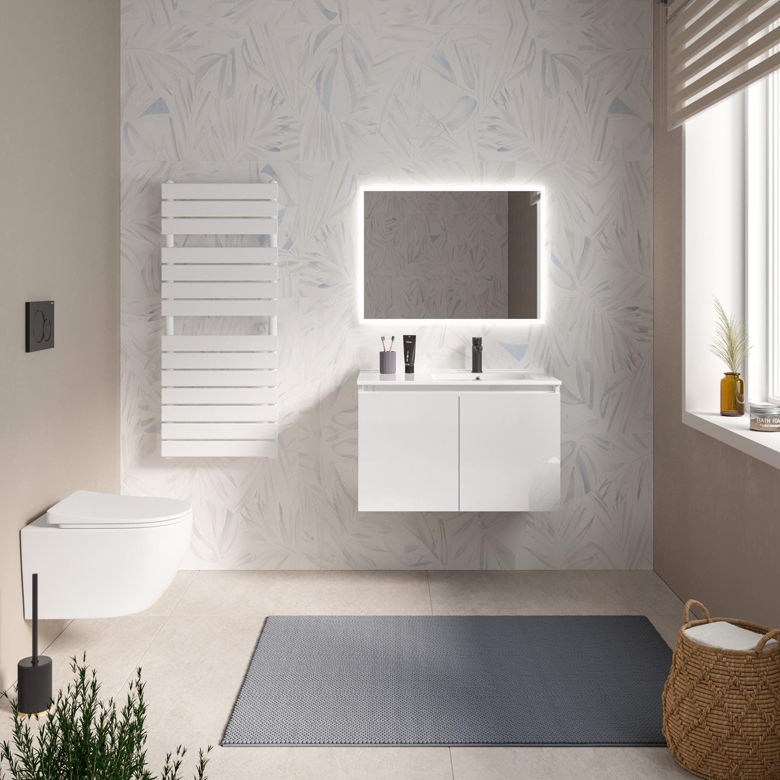 Mobile bagno sospeso 80 cm bianco lucido con ante e lavabo dx con specchio - Cuki