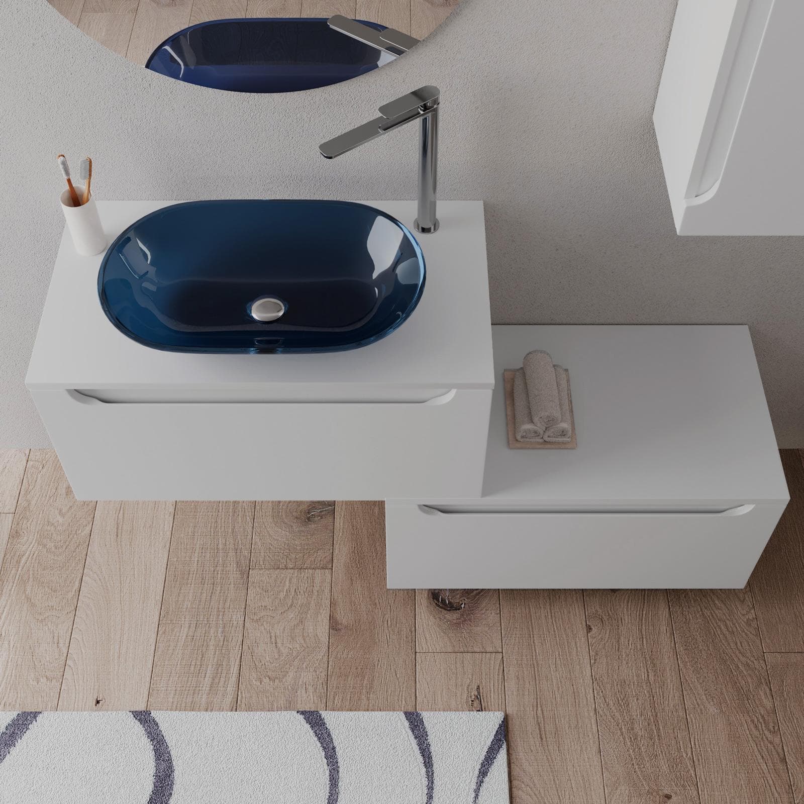 Mobile bagno sospeso 80 cm bianco opaco con cassettone e top con specchio - Sleek