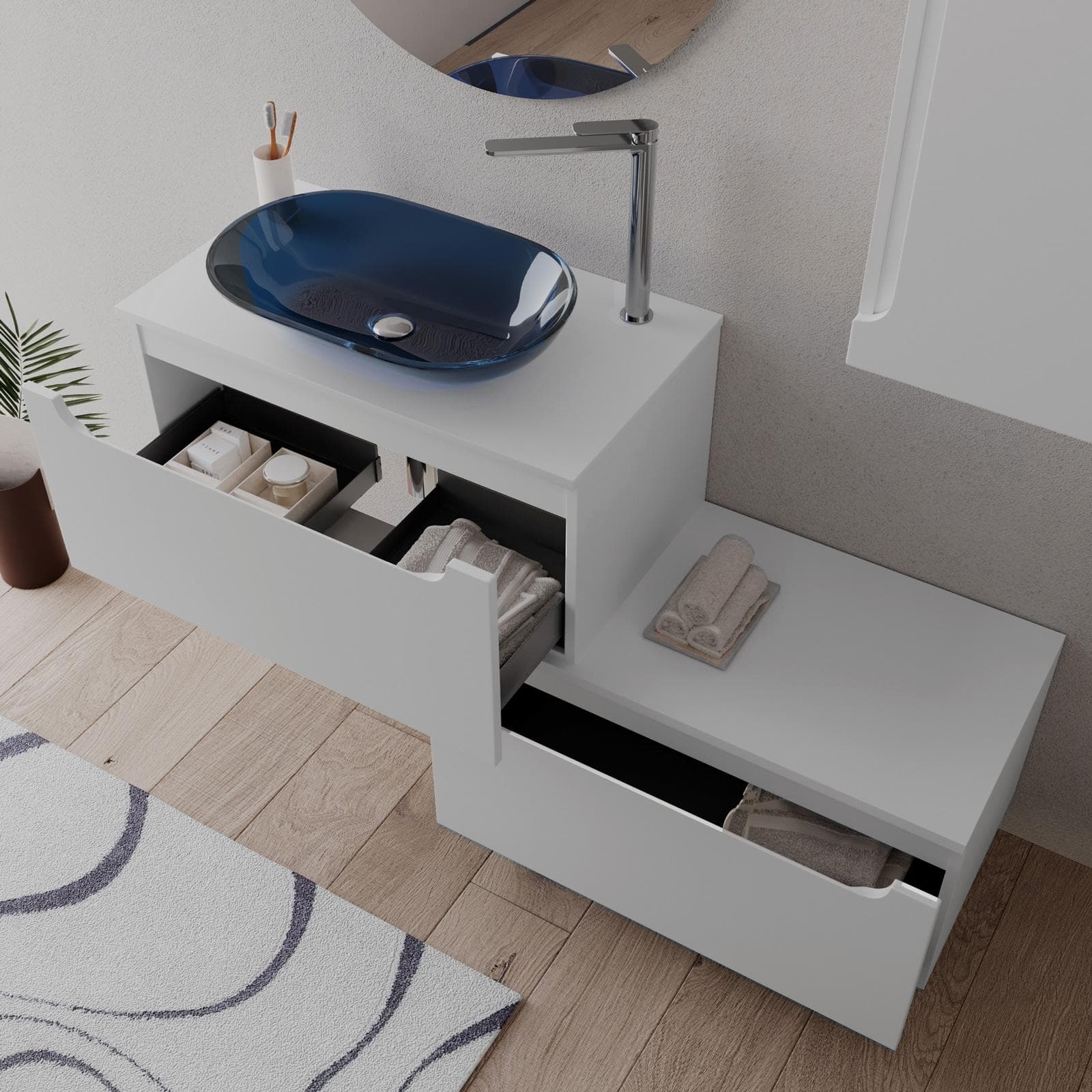 Mobile bagno sospeso 80 cm bianco opaco con cassettone e top con specchio - Sleek