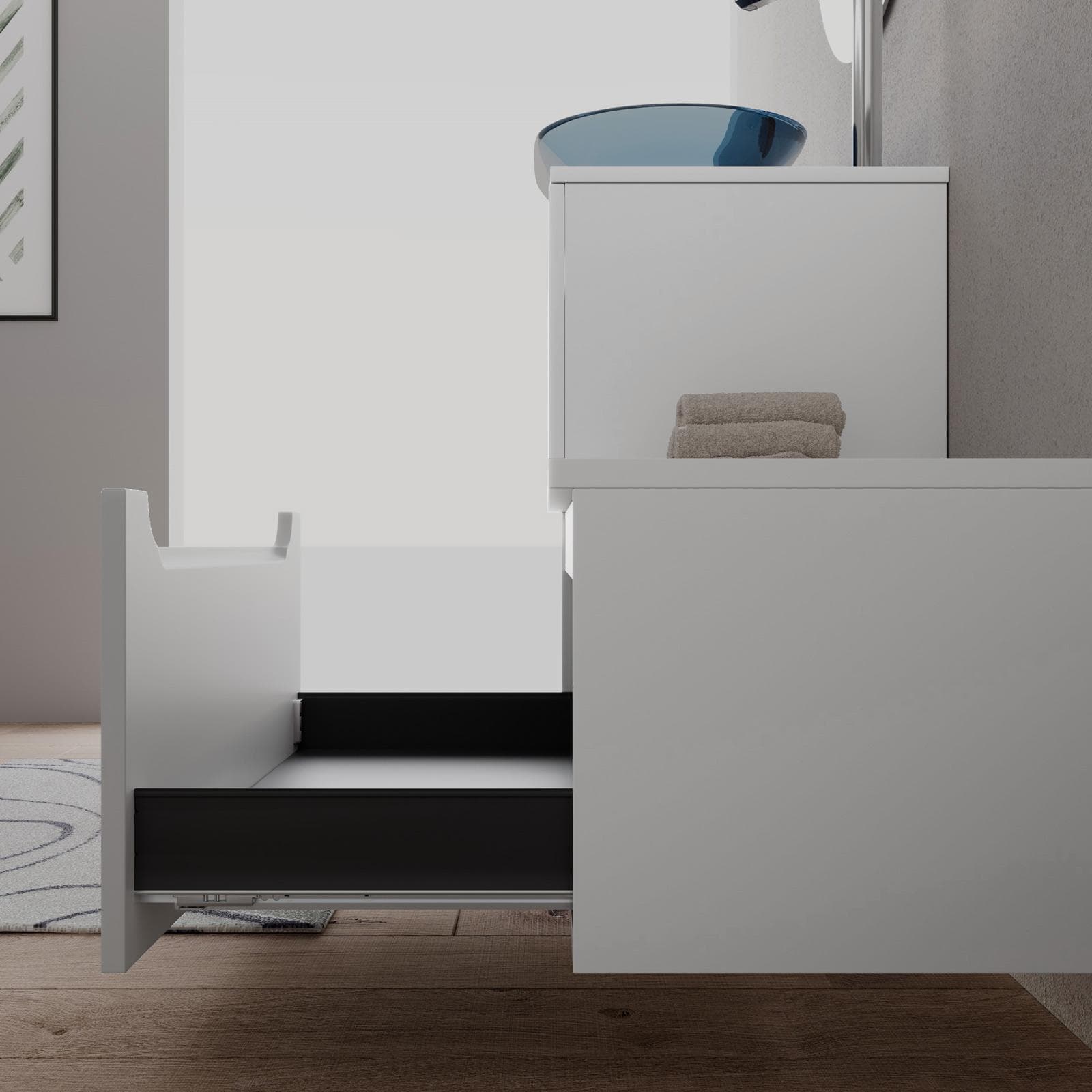 Mobile bagno sospeso 80 cm bianco opaco con cassettone e top con specchio - Sleek