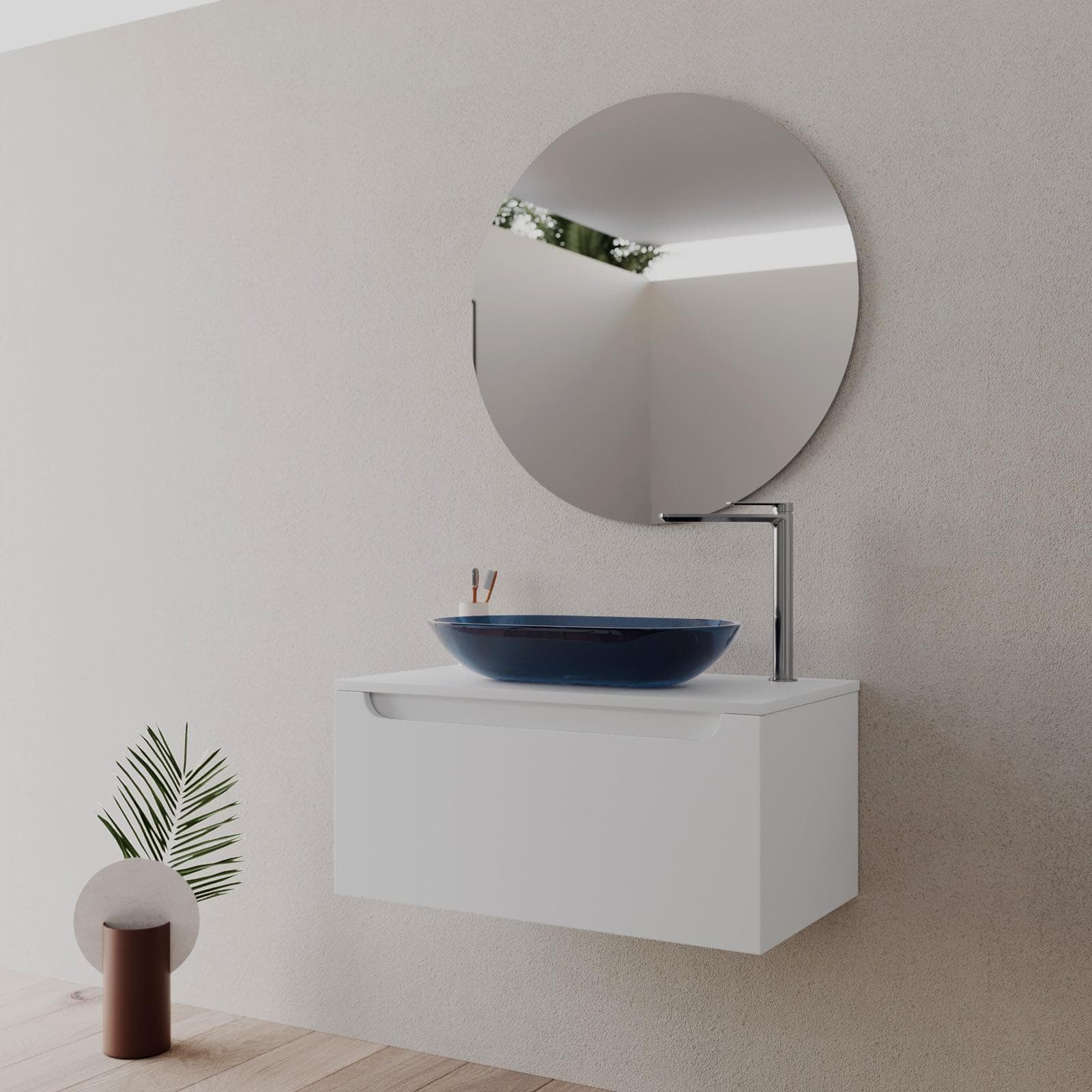 Mobile bagno sospeso 80 cm bianco opaco con top e specchio - Sleek
