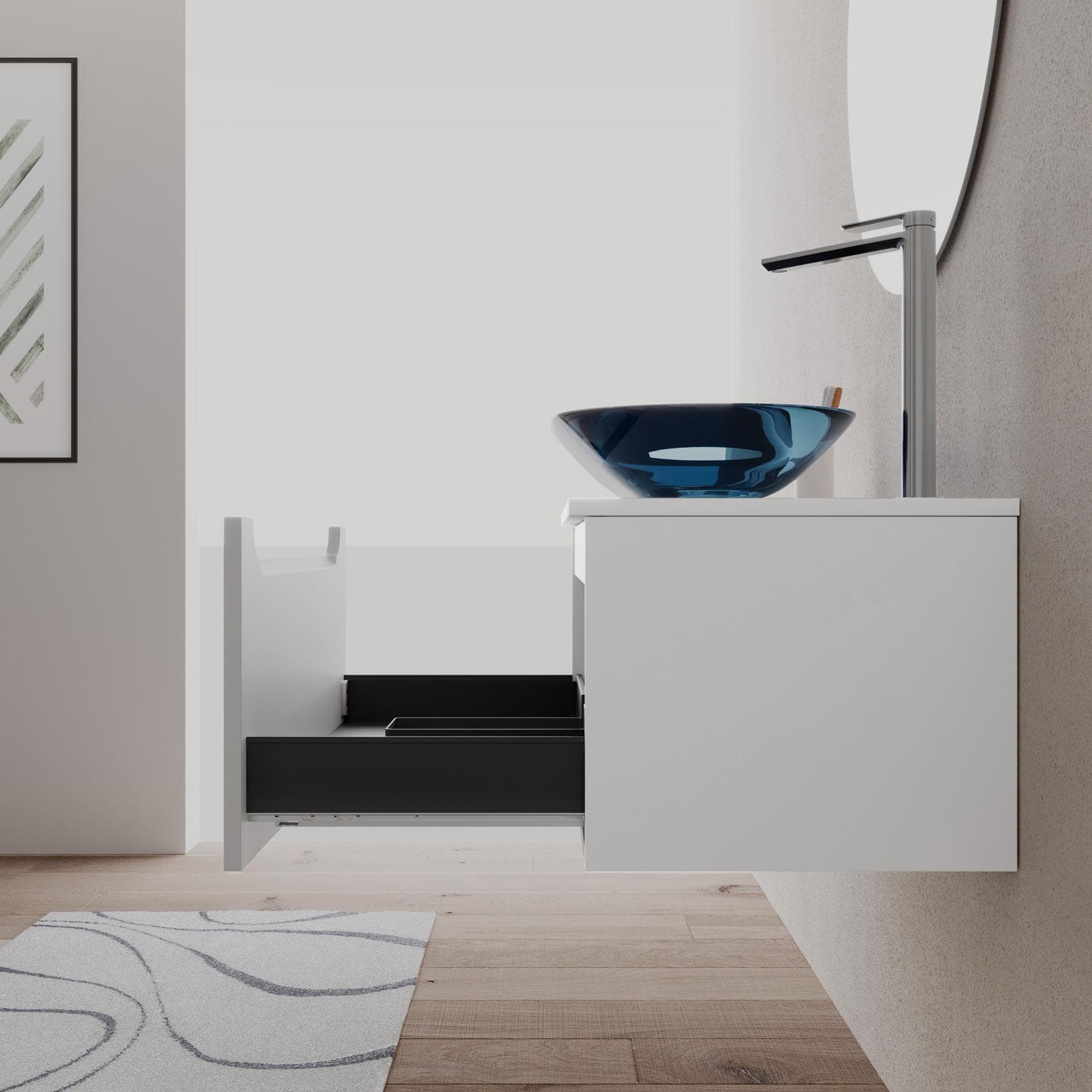 Mobile bagno sospeso 80 cm bianco opaco con top e specchio - Sleek