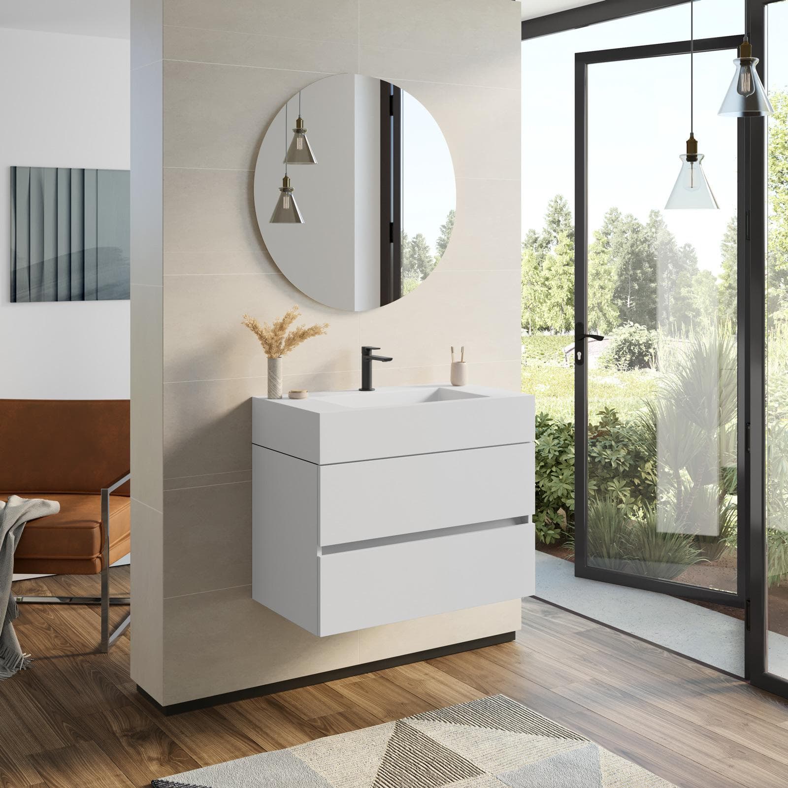 Mobile bagno sospeso 80 cm bianco opaco con top lavabo e specchio - Cover