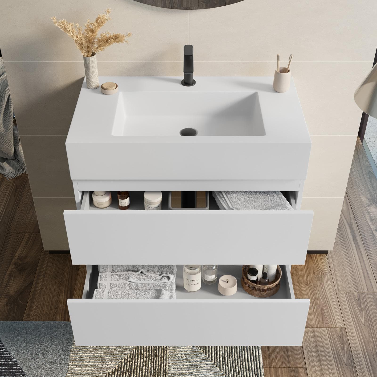 Mobile bagno sospeso 80 cm bianco opaco con top lavabo e specchio - Cover