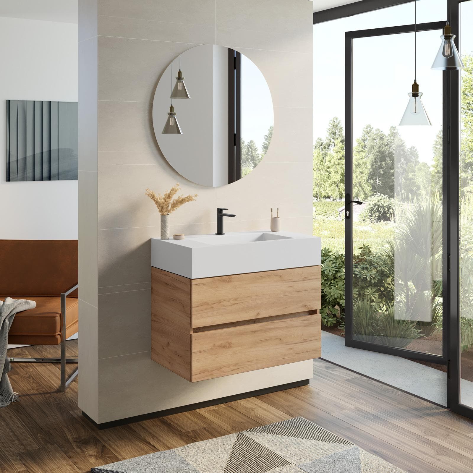 Mobile bagno sospeso 80 cm rovere gold con top lavabo e specchio - Cover