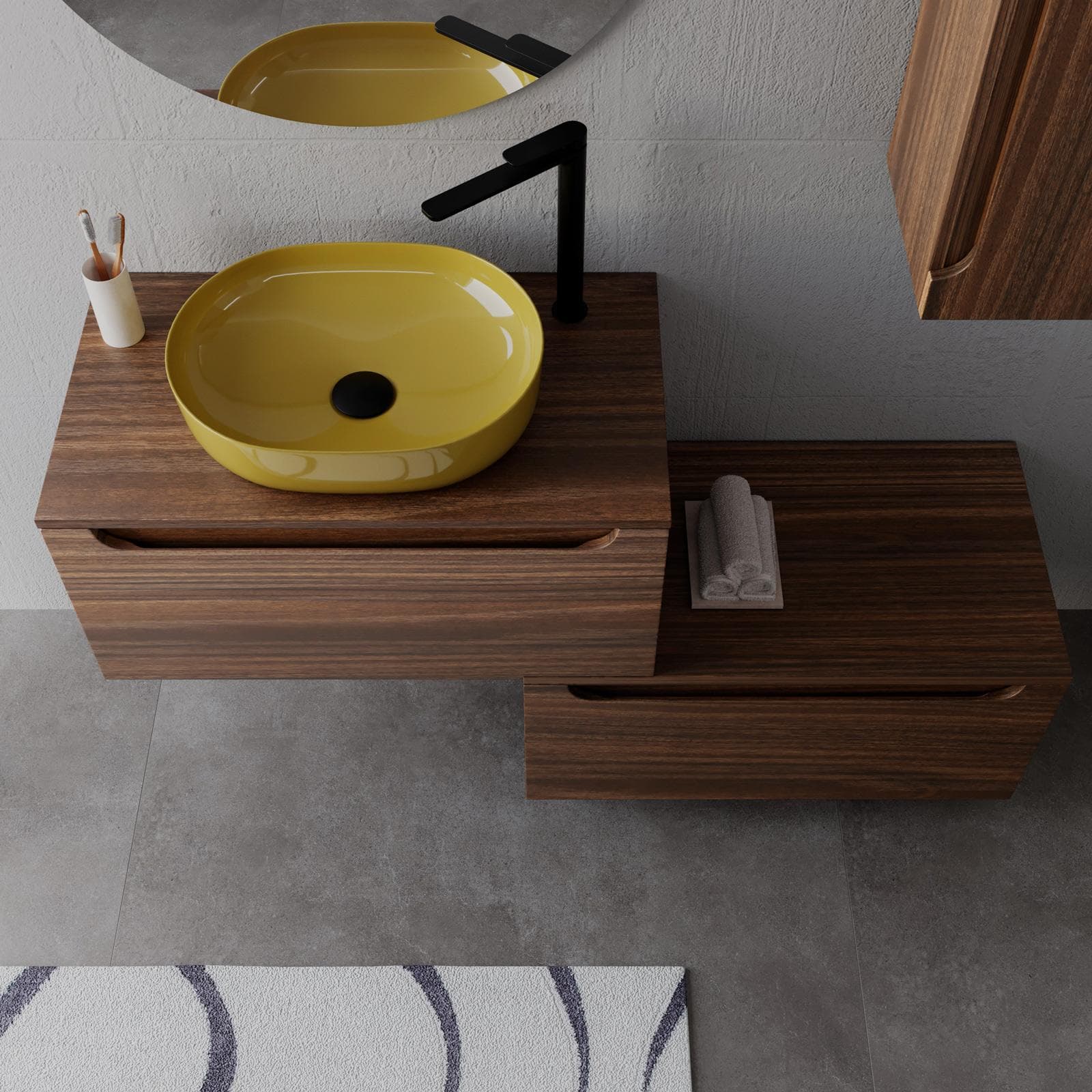 Mobile bagno sospeso 80 cm rovere deciso con cassettone e top con specchio - Sleek