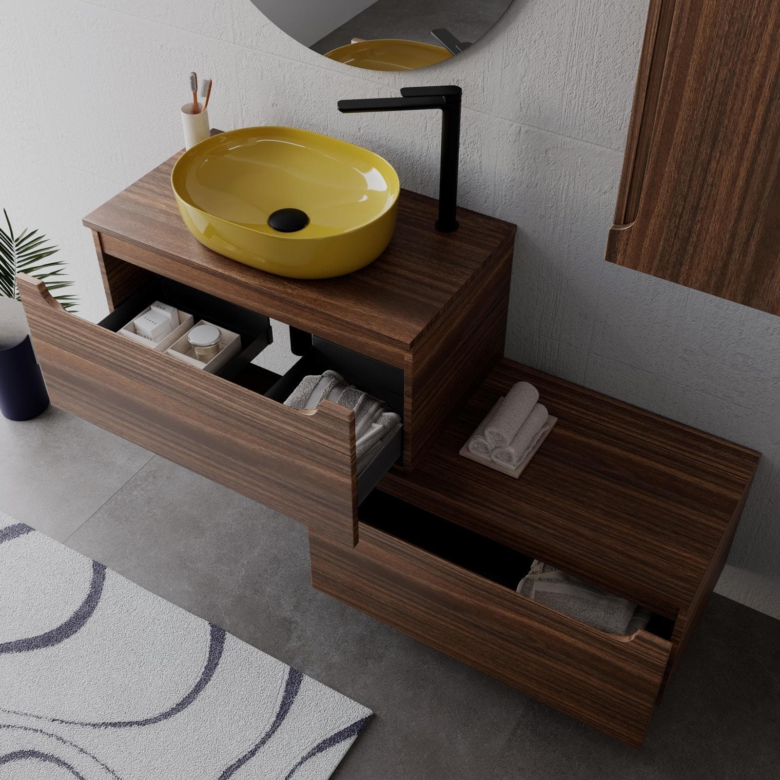 Mobile bagno sospeso 80 cm rovere deciso con cassettone e top con specchio - Sleek