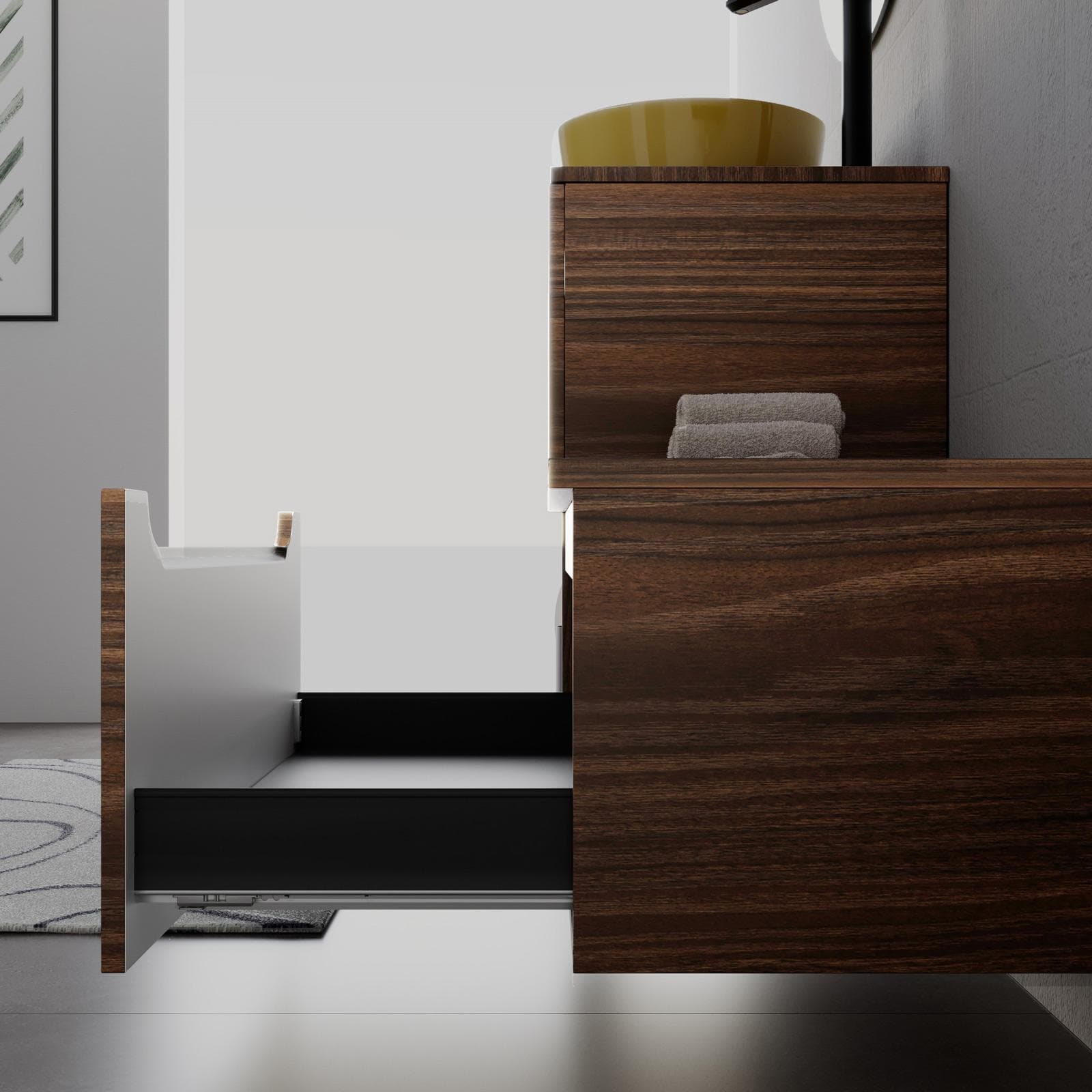 Mobile bagno sospeso 80 cm rovere deciso con cassettone e top con specchio - Sleek