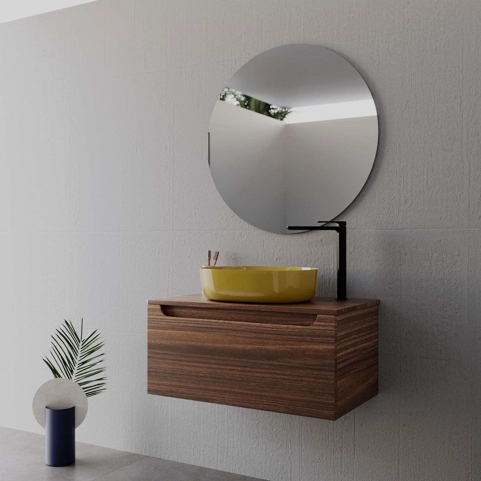Mobile bagno sospeso 80 cm rovere deciso con top e specchio - Sleek