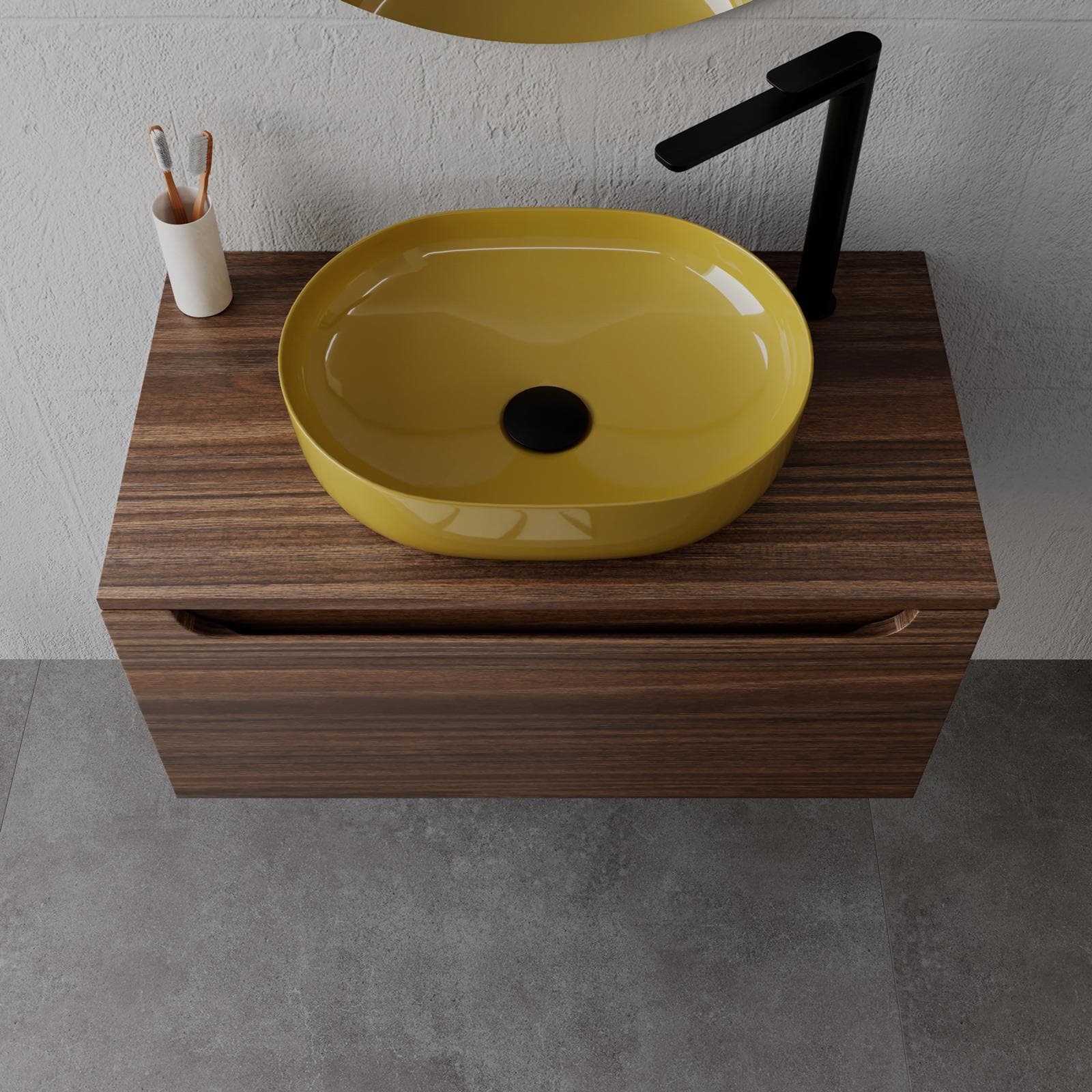 Mobile bagno sospeso 80 cm rovere deciso con top e specchio - Sleek