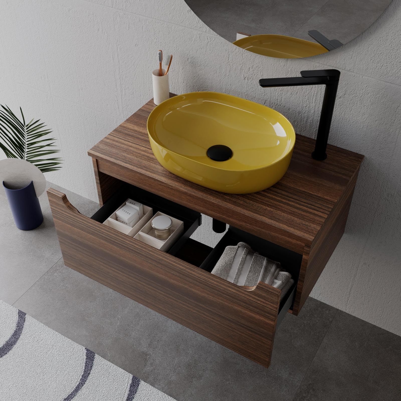 Mobile bagno sospeso 80 cm rovere deciso con top e specchio - Sleek