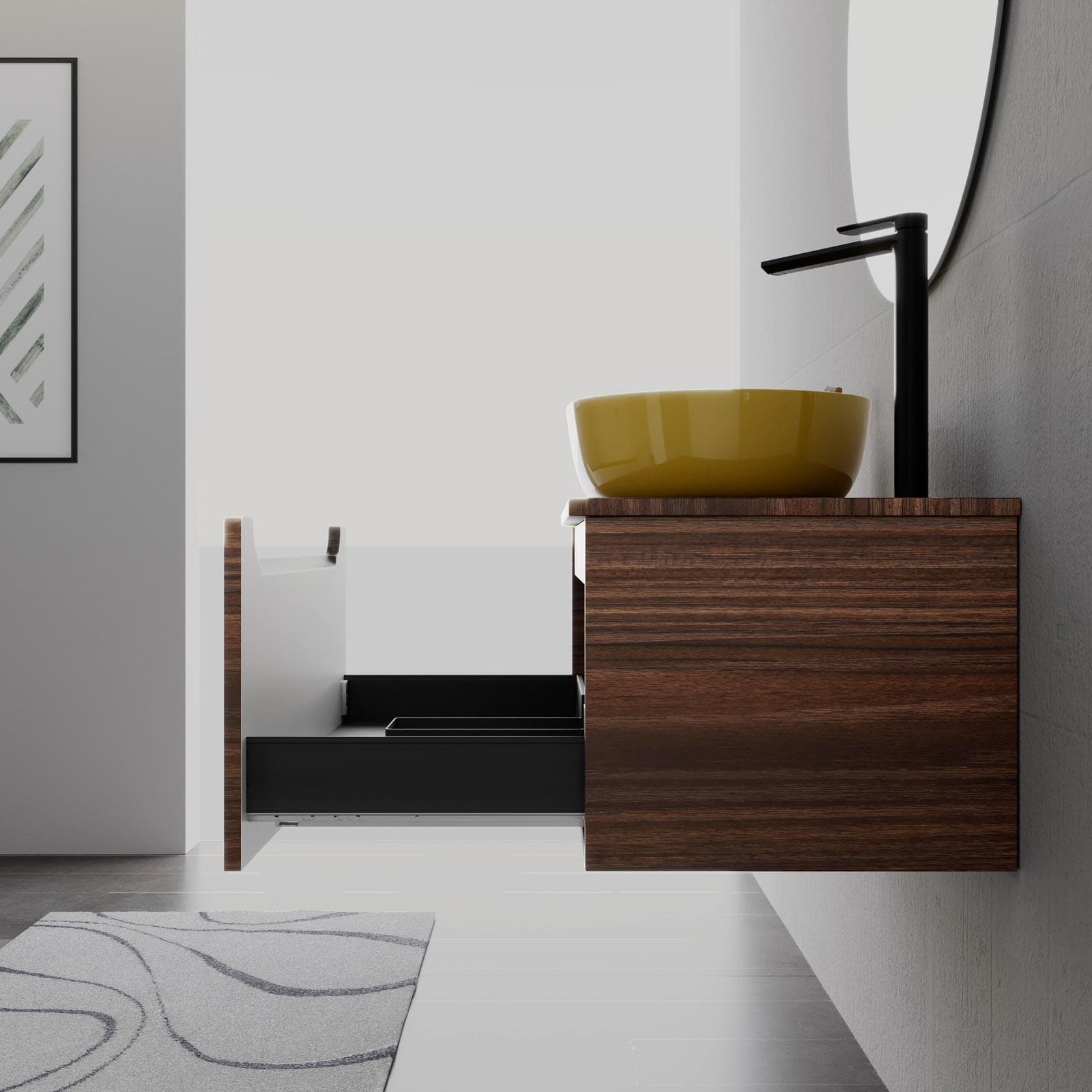 Mobile bagno sospeso 80 cm rovere deciso con top e specchio - Sleek