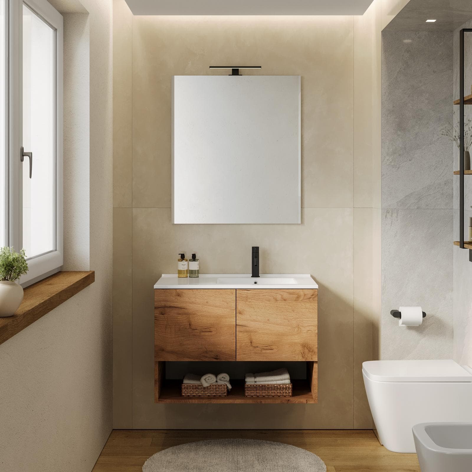 Mobile bagno sospeso 80 cm rovere gold con lavabo dx e specchio - Lion