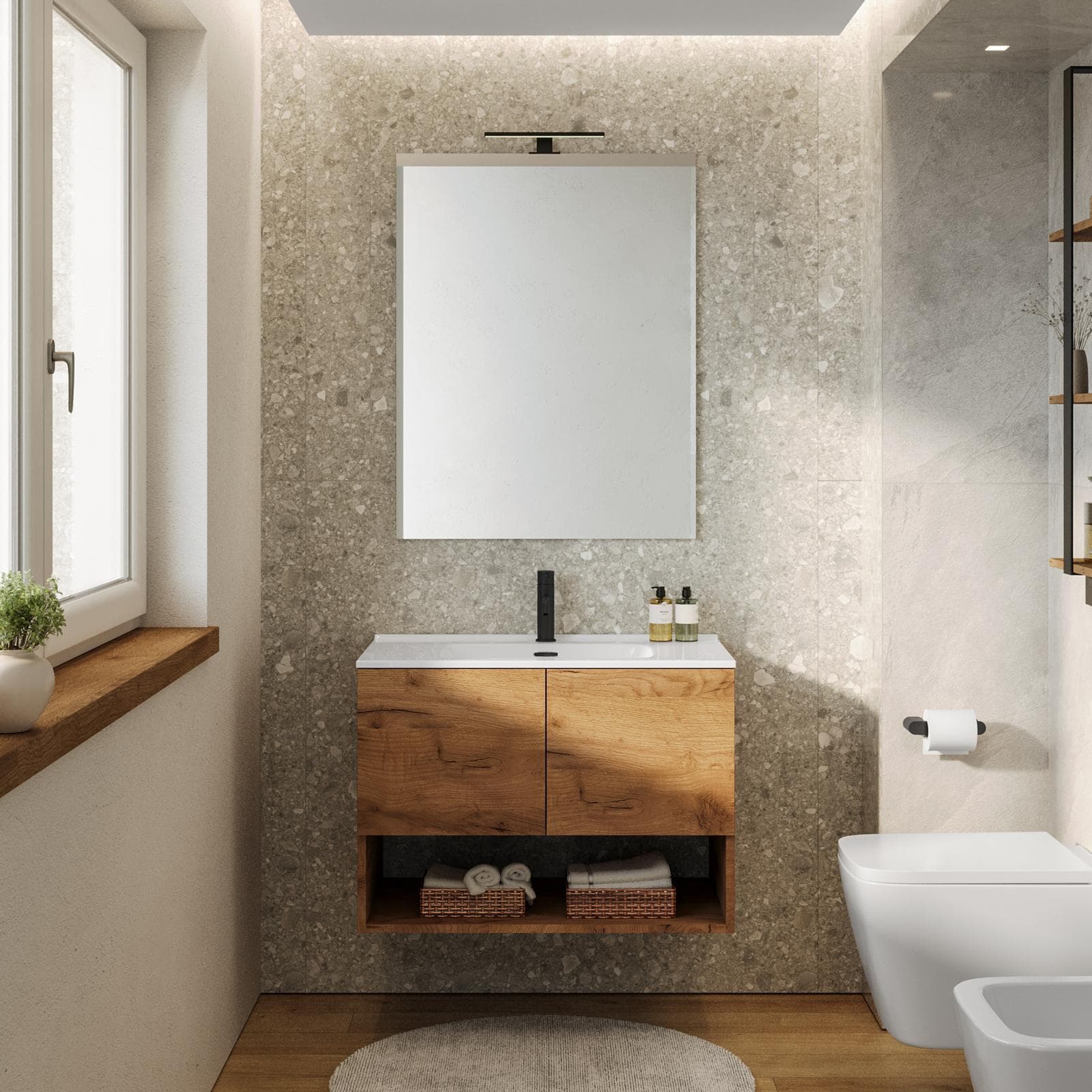 Mobile bagno sospeso 80 cm rovere gold con lavabo integrato e specchio - Lion
