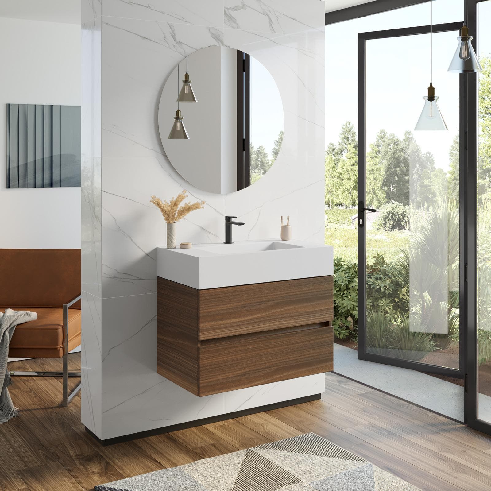 Mobile bagno sospeso 80 cm rovere deciso con top lavabo e specchio - Cover