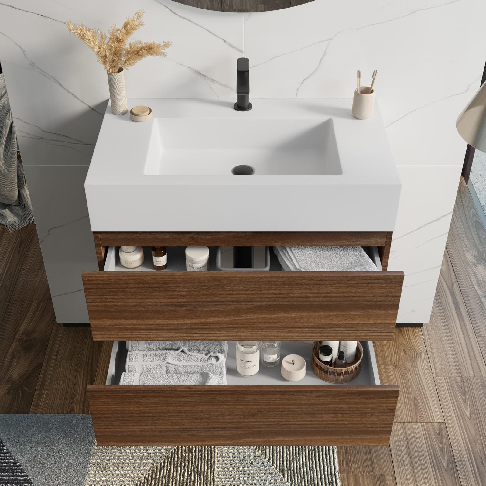 Mobile bagno sospeso 80 cm rovere deciso con top lavabo e specchio - Cover