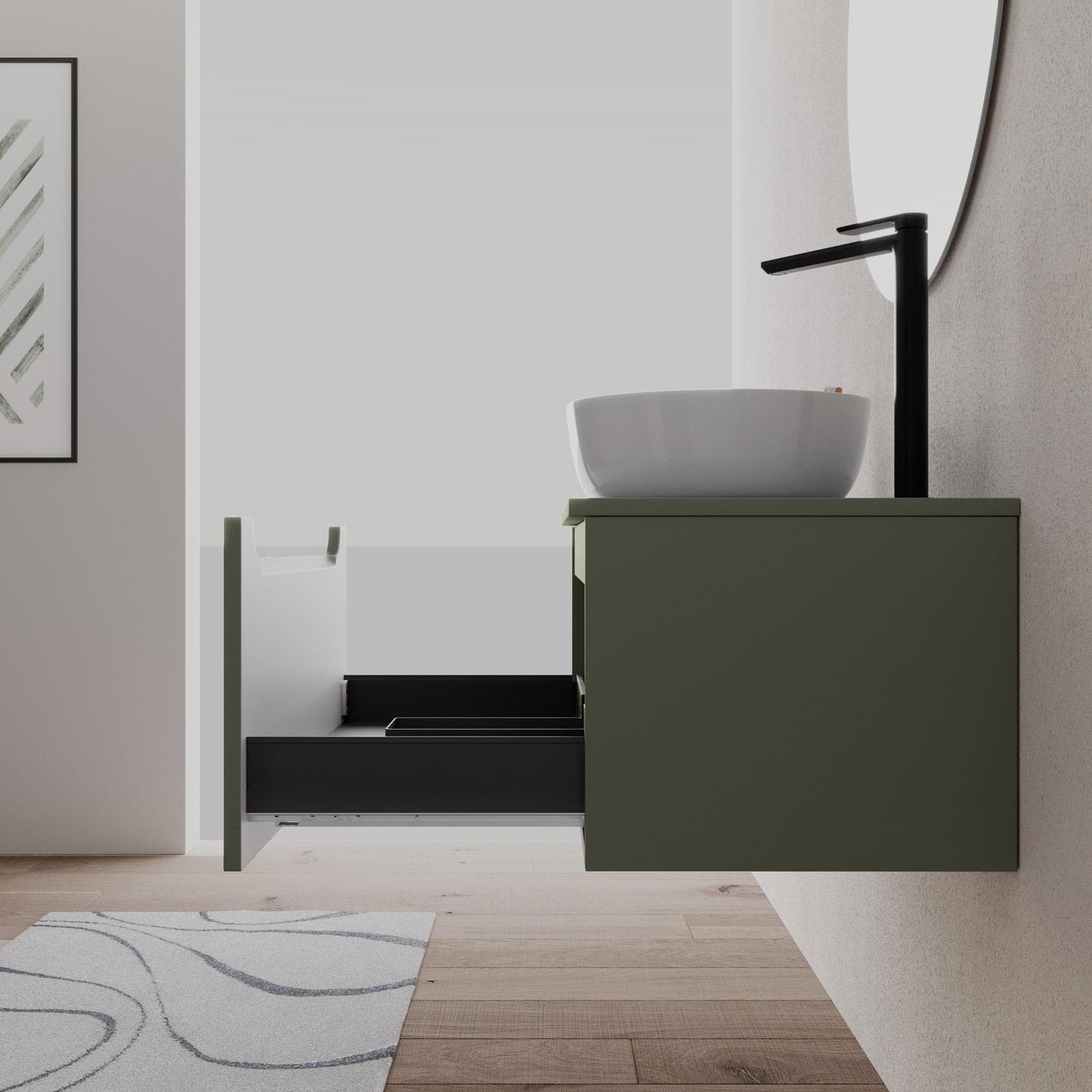 Mobile bagno sospeso 80 cm verde cemento con top e specchio - Sleek