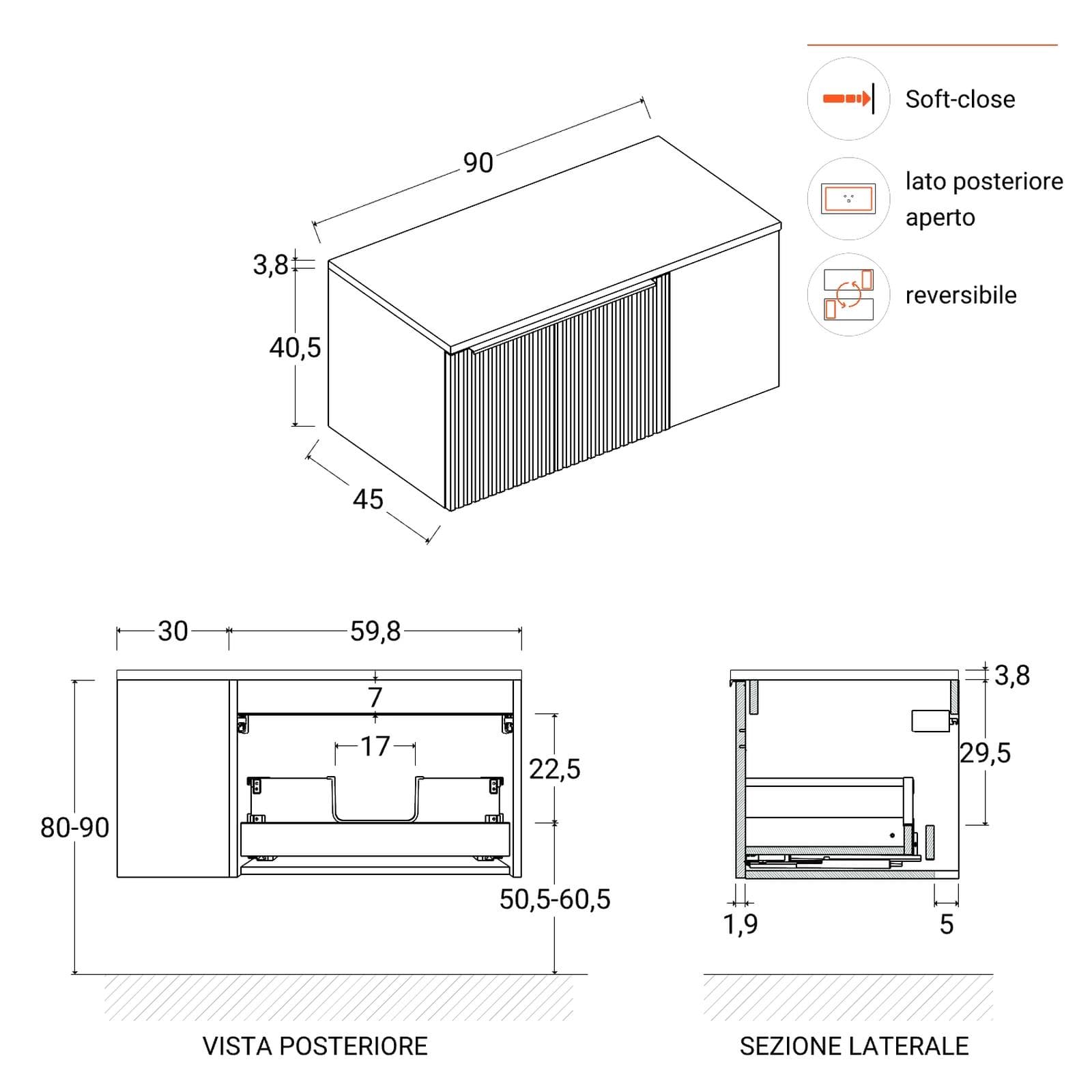 Mobile bagno sospeso 90 cm noce maya effetto cannettato con anta e top rovere gold con specchio - Lameck