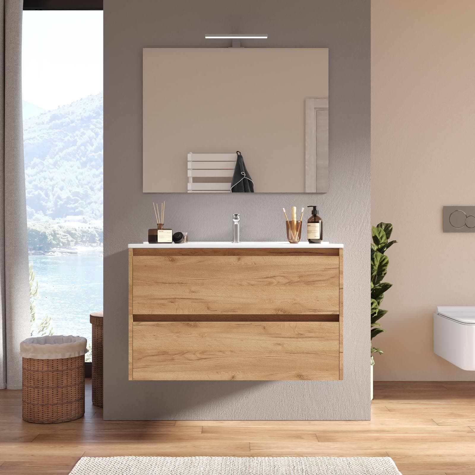 Mobile bagno sospeso 90 cm rovere africa con lavabo e specchio - Medora