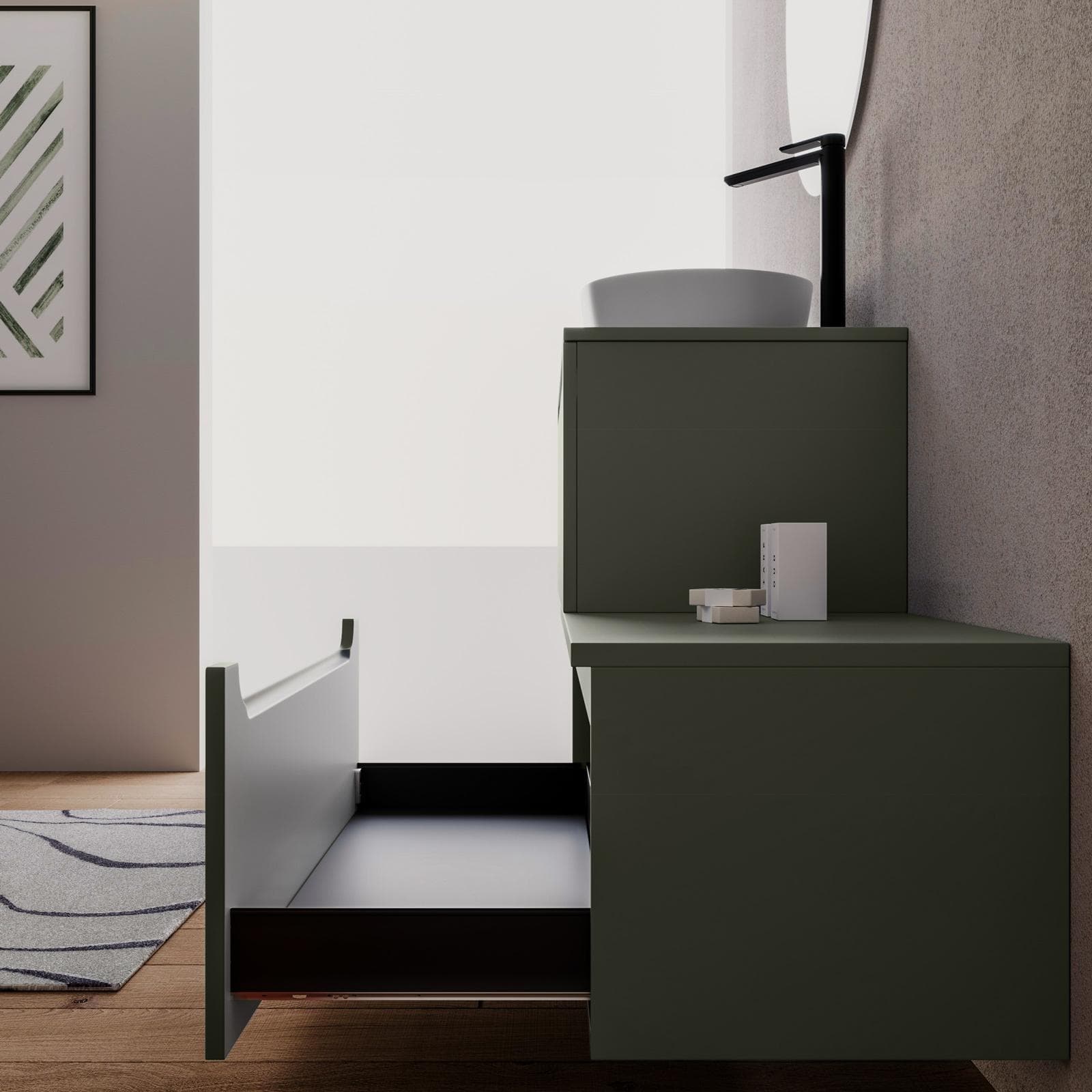 Mobile bagno sospeso 90 cm verde cemento con cassettone e top con specchio - Sleek