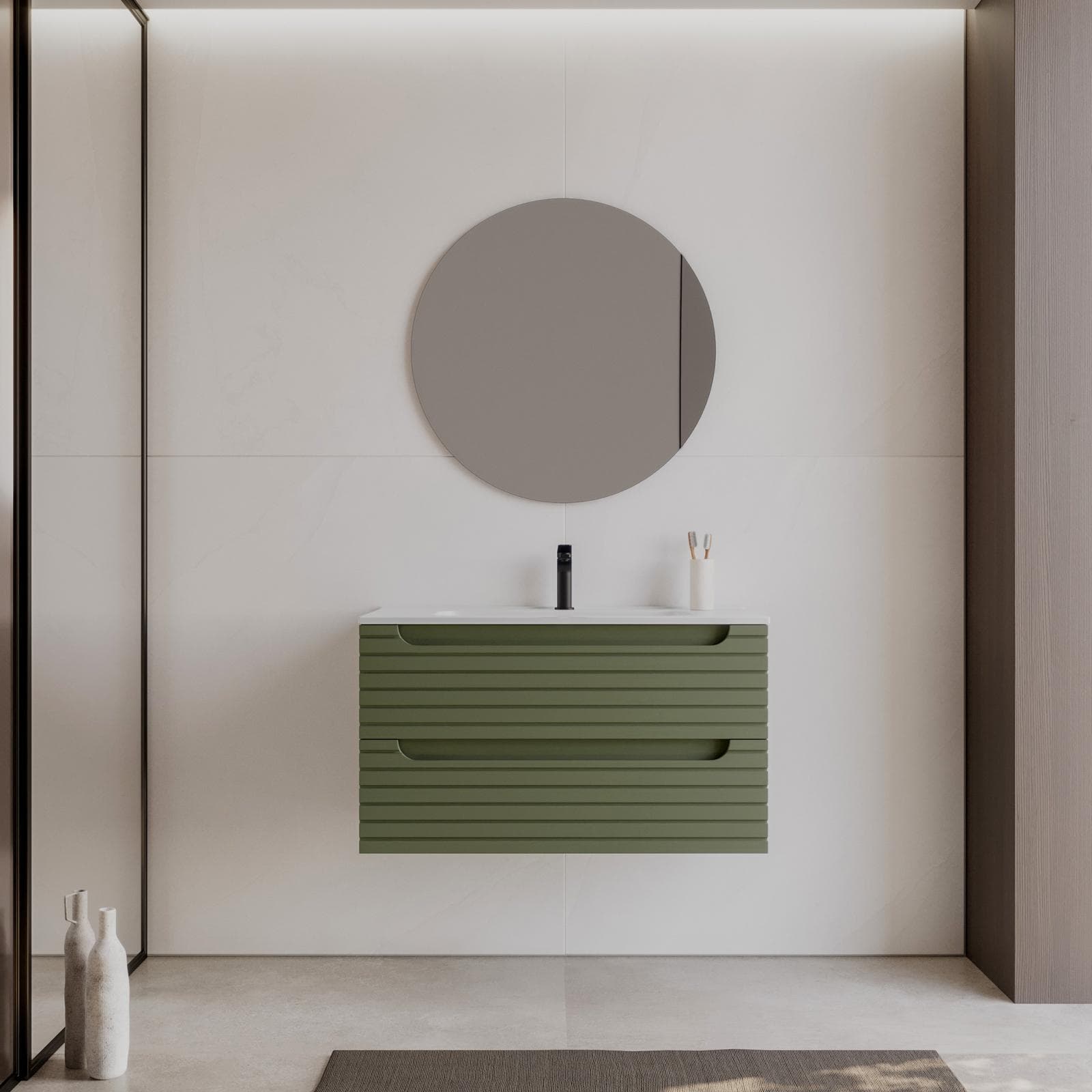 Mobile bagno sospeso 90 cm verde nordico cannettato con cassetti e lavabo con specchio - Deck