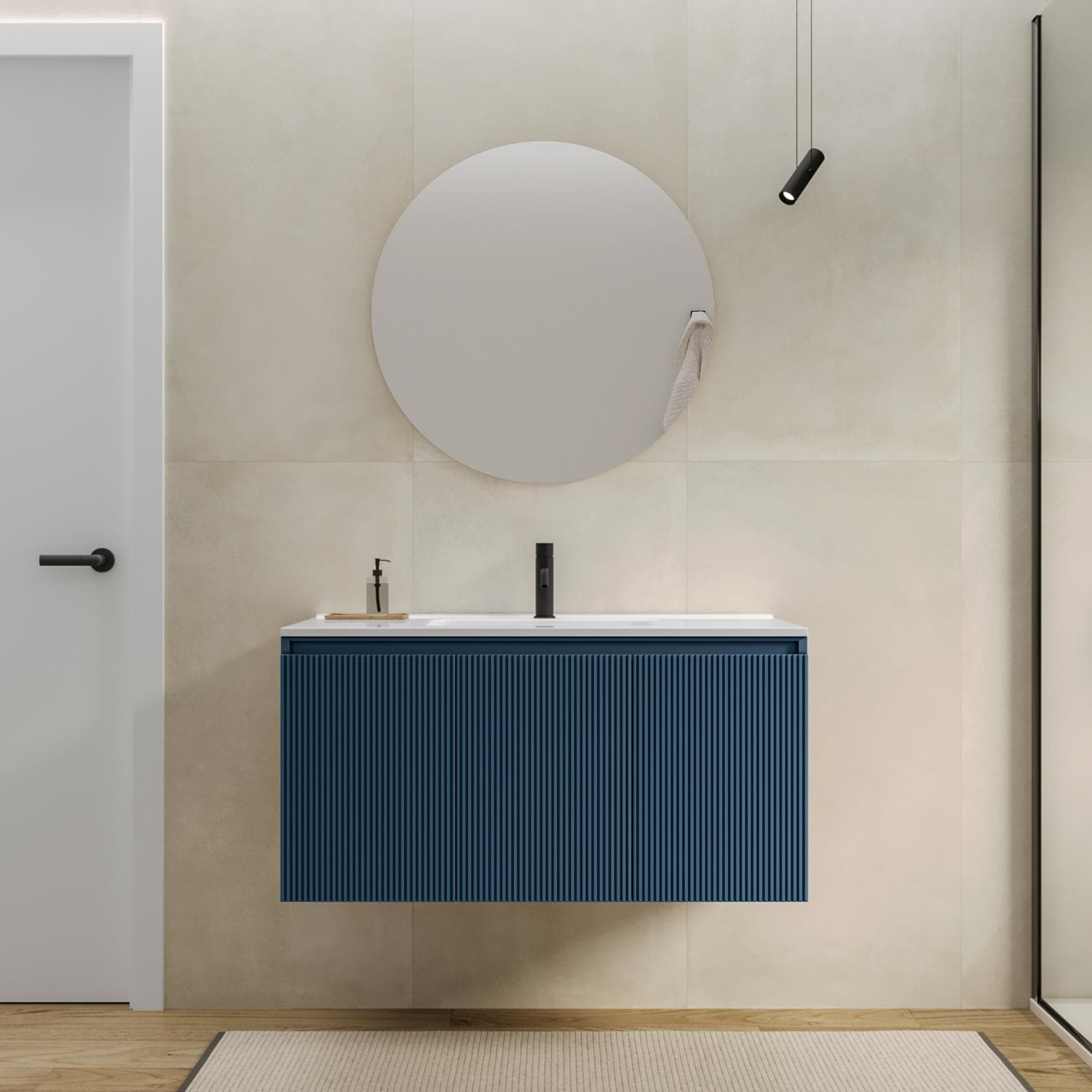 Mobile bagno sospeso con ante 100 cm blu oceano cannettato con lavabo e specchio - Nerk